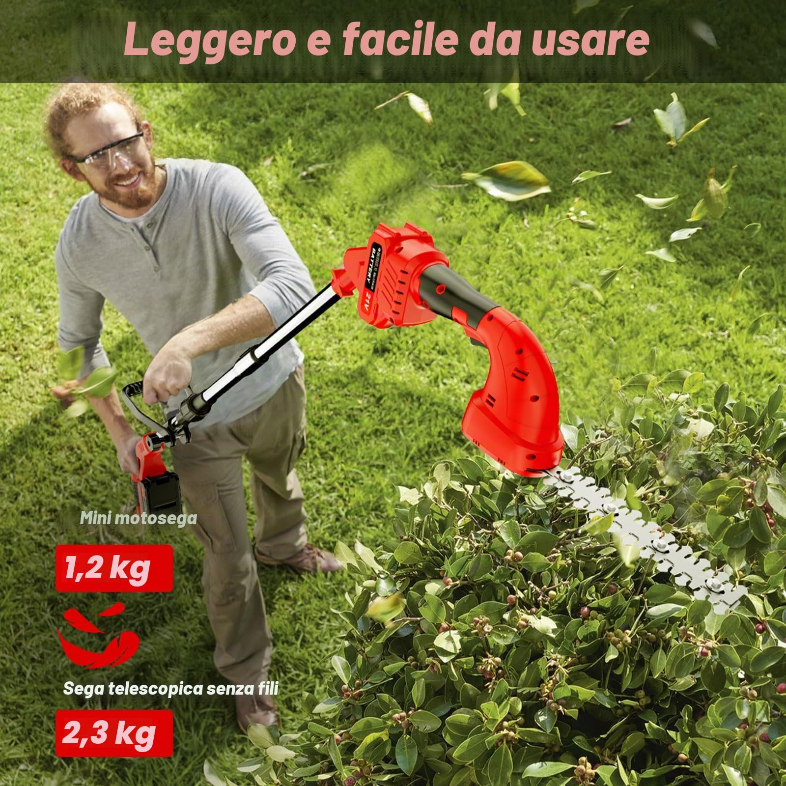 3 in 1 Tagliasiepi a Batteria Telescopico,Cesoie e Tagliasiepi senza fili,Tagliasiepi Elettrico con 2 * 2.0Ah Batteries,Raggio d'azione fino a 4m, Lunghezza Lama 200 mm e 155 mm, potare gli alberi, ta