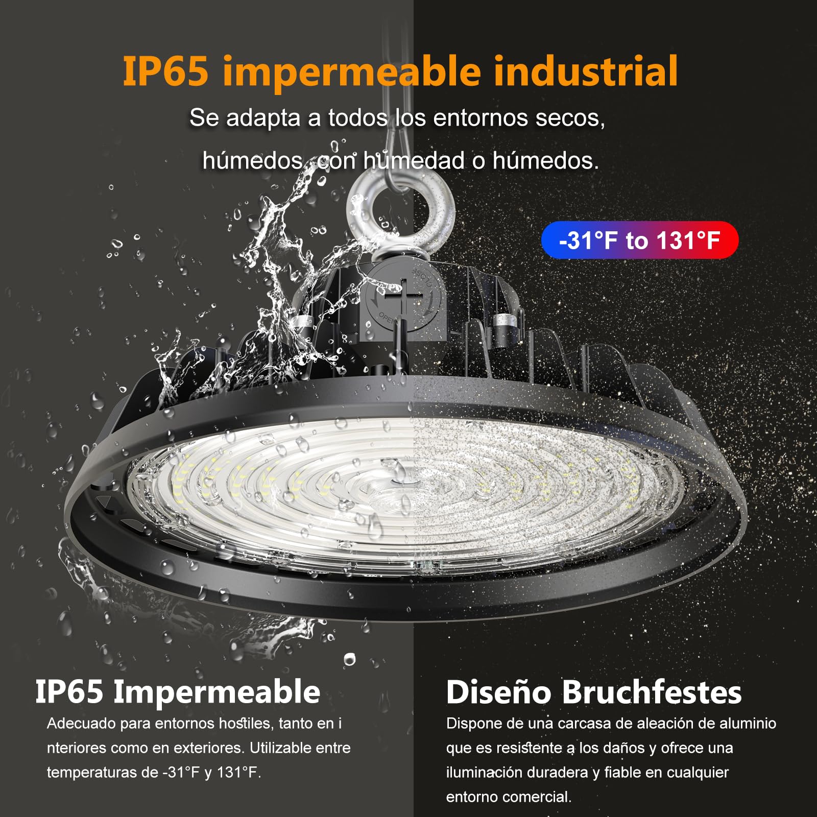 150W LED Lámpara de Alta Bahía 25500LM Campana led 4000K Industrial Regulación 90W/120W/150W IP65 Antipolvo e Impermeable Foco LED 120° Driver Industrial Para Fábricas,Talleres,Garajes