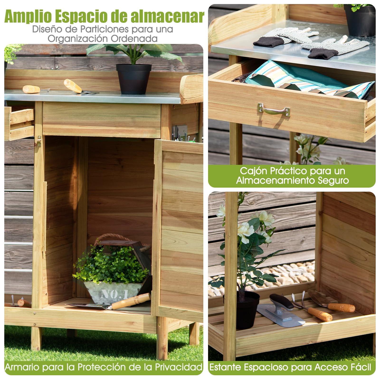 GOPLUS Mesa de Jardinería de Madera de Abeto, Mesa de Plantación con Cajón, Estante Abierto y 3 Ganchos, Banco de Trabajo para Jardín Exterior, Terraza, Patio, 112 x 46 x 125 cm, Natural