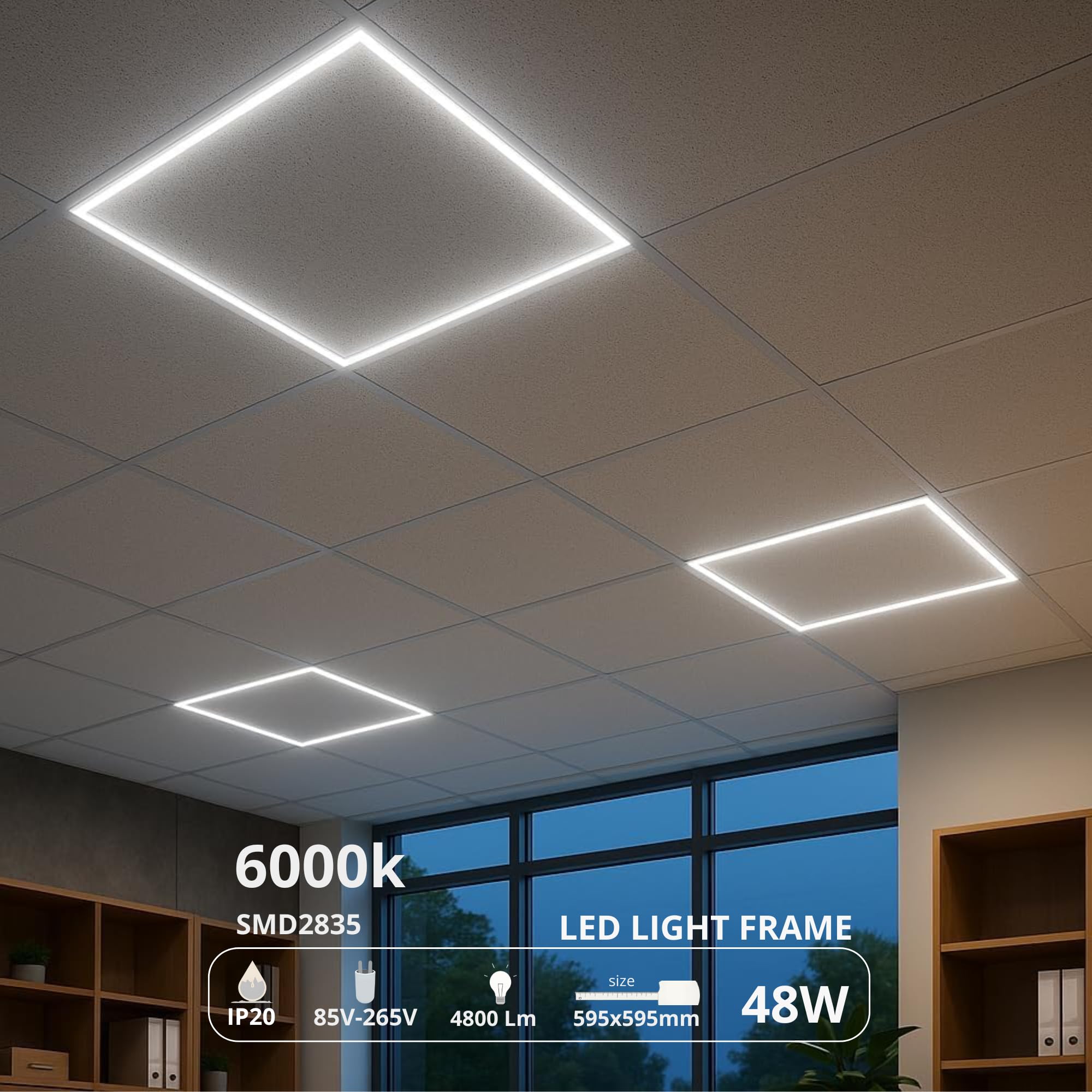 JANDEI – 2 Pannelli LED 60x60cm. Cornici Luminose da 48W, 4800 Lm per Installazione in Controsoffitti Modulari con Pannelli Armstrong, 40000 ore - Driver incluso (Luce Fredda 6000K)