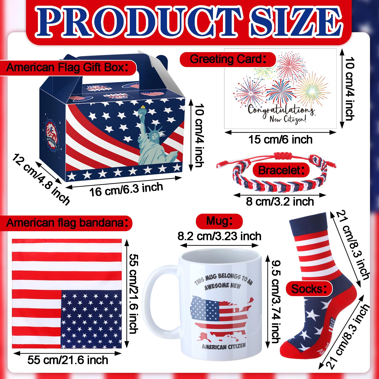 Skylety 6 Pcs New US Citizenship Gifts American Flag Gifts Set with Citizen Coffee Mug American Flag Sock Bandana Bracelet Patriotic Gift Box with Handle Congratulations Card for Veterans