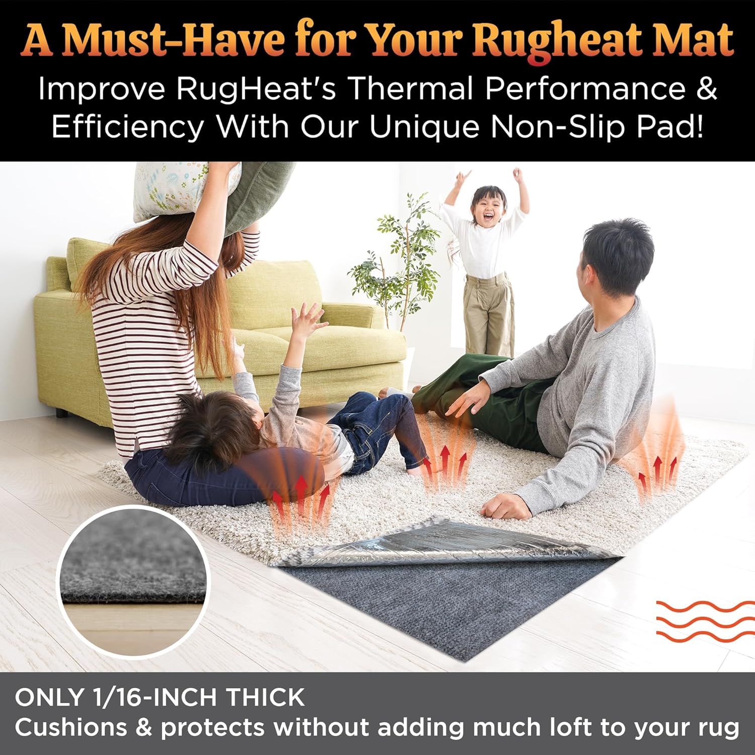 Non-Slip Pad Under Rug Heated Mat, Runner, 2' x 7.5', Grey, Skid-Proof for Heated Rug Runner Beside Couch, Thermal Insulation Improves Performance
