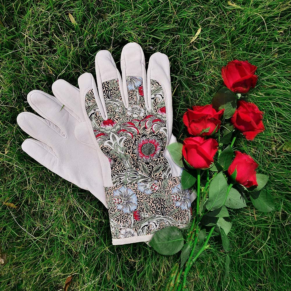 1 par de guantes de trabajo de jardín QEAR Lady, palma de cuero de cabra premium, parte trasera de algodón y puño de seguridad para protección de muñeca y brazo inferior, resistencia a las espinas