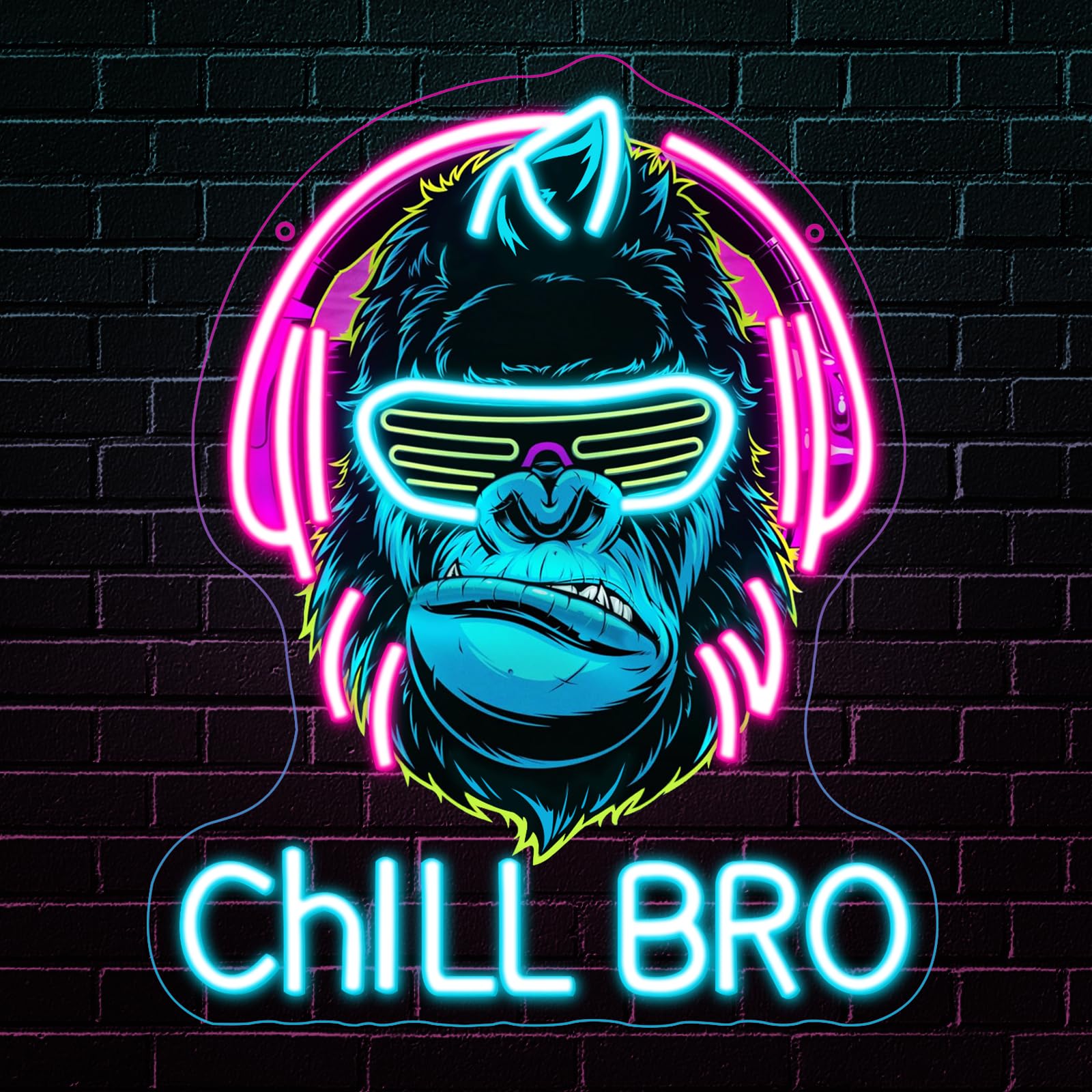 RuCvixkt Chill Bro Gaming Headset Neon Schild Für Wanddekoration,Gorilla Neon Schild,Gaming Zone LED Schilder Für Spielzimmer,Gaming Zubehör Deko,Gaming Dekor,Tolles Gamer Geschenk Für Teenager,Jungen