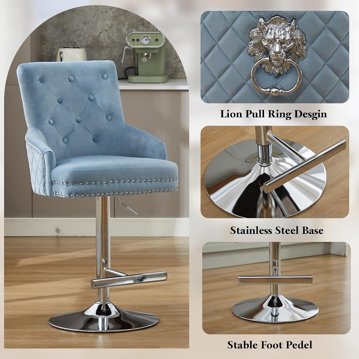 Velvet Swivel Bar Stools Set of 2, Upholstered Bar Stool with Button Tufted Back and Pull Ring, Height Adjustable Swivel Barstools, Light Blue