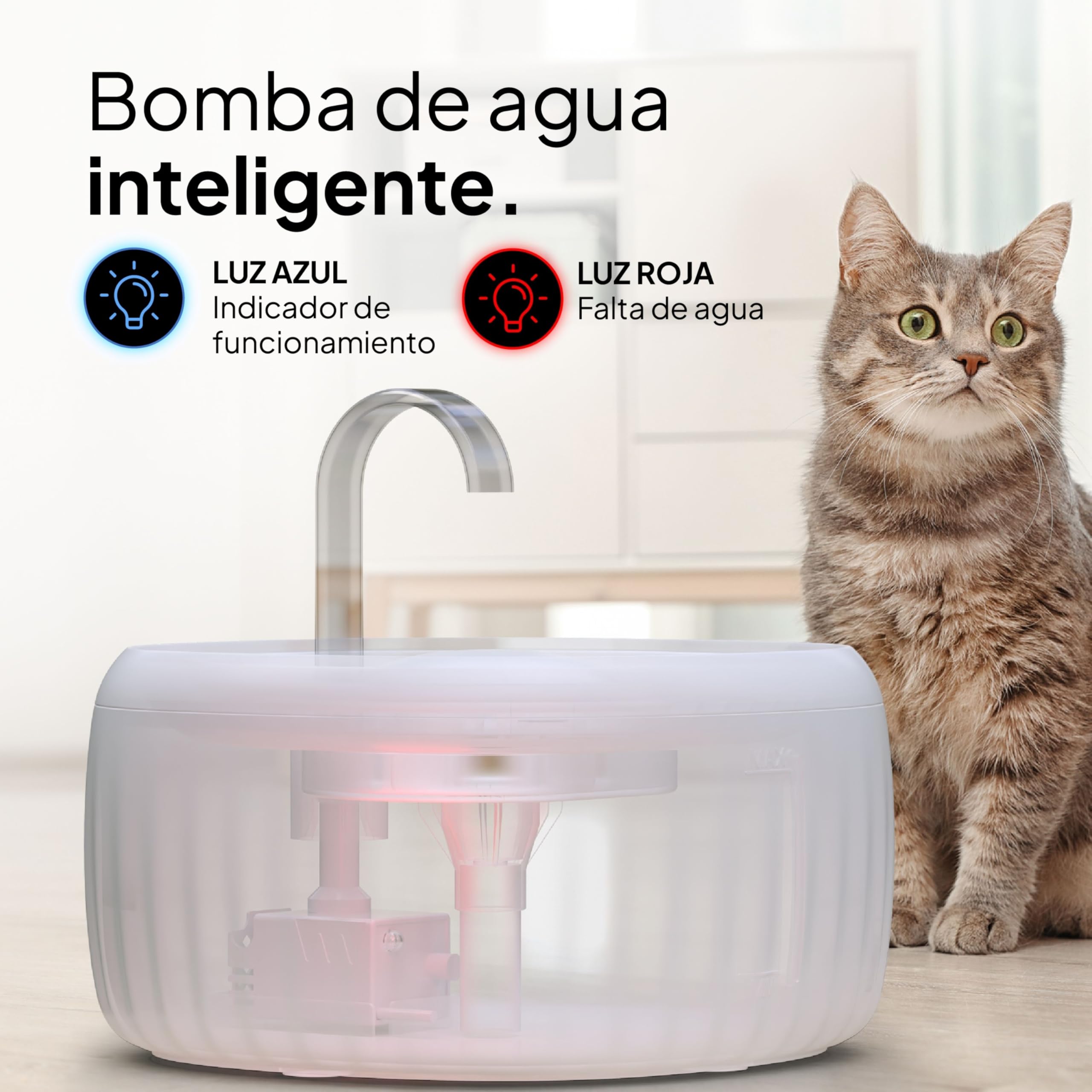 Pretty Paw Fuente de Agua para Gatos 3L con Indicador LED MIN/MAX - Funcionamiento Silencioso y Fácil Limpieza, Bebedero Automático con Filtro para Interior - Aquaflow (Blanco)