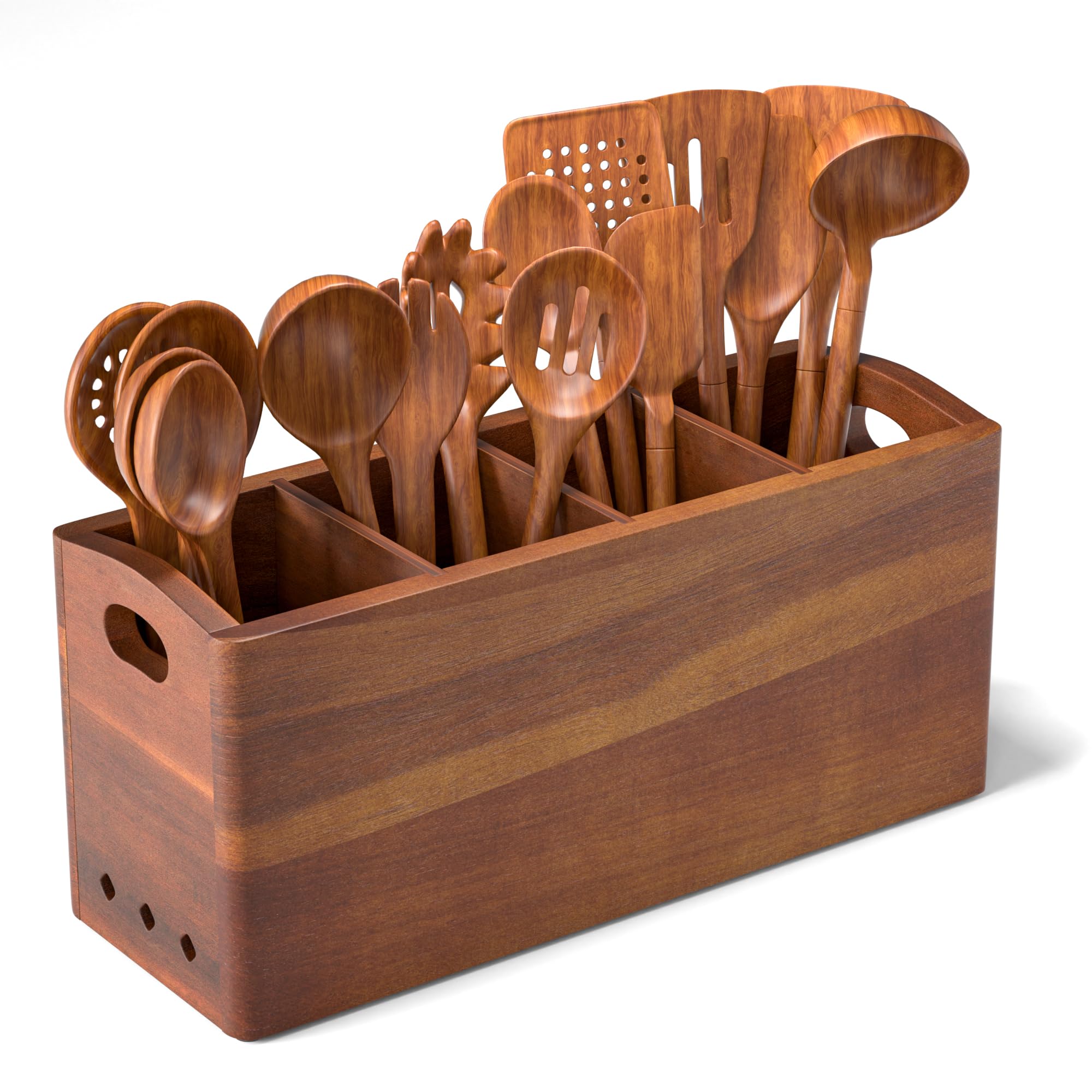 Küchenutensilienhalter aus natürlichem Akazienholz für Theke, 4 Fächer für 45 Utensilien mit herausnehmbaren Trennwänden (Maße 40 x 18,3 x 12,8 cm), großer Kochutensilien-Organizer – kratzfeste