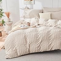 HYMOKEGE Beige Queen Seersucker Duvet Cover Set - Ultra Soft Microfiber 3-Piece with Zipper, 8 Ties & Anti-Wrinkle Texture (90x90")