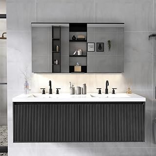 60 Inch Bathroom Vanity with Double Sink and Medicine Cabinet Mirror LED Light,Floating Vanity with SMC Sink Modern Bathroom Vanity Cabinet Wall-Mounted Bathroom Storage Cabinet with Soft-Close Door