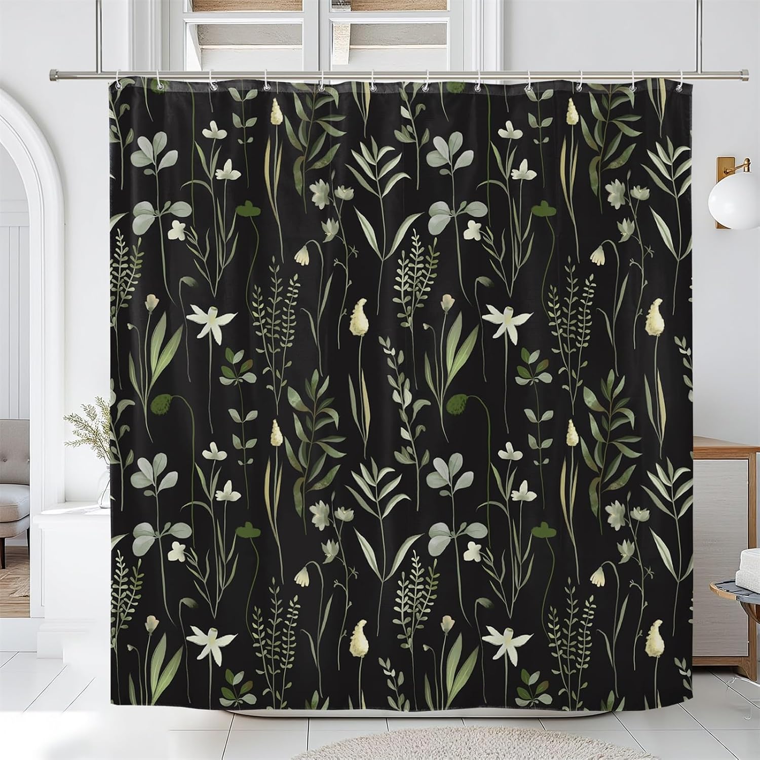 Herbaceous Plant Shower Curtain, Green Plants Herb Floral Bathroom Curtain, Black Botanical Shower Curtain Set with 12 Hooks for Bathroom, 72Wx72L inch 72"W x 78"L (Pack of 1) Black