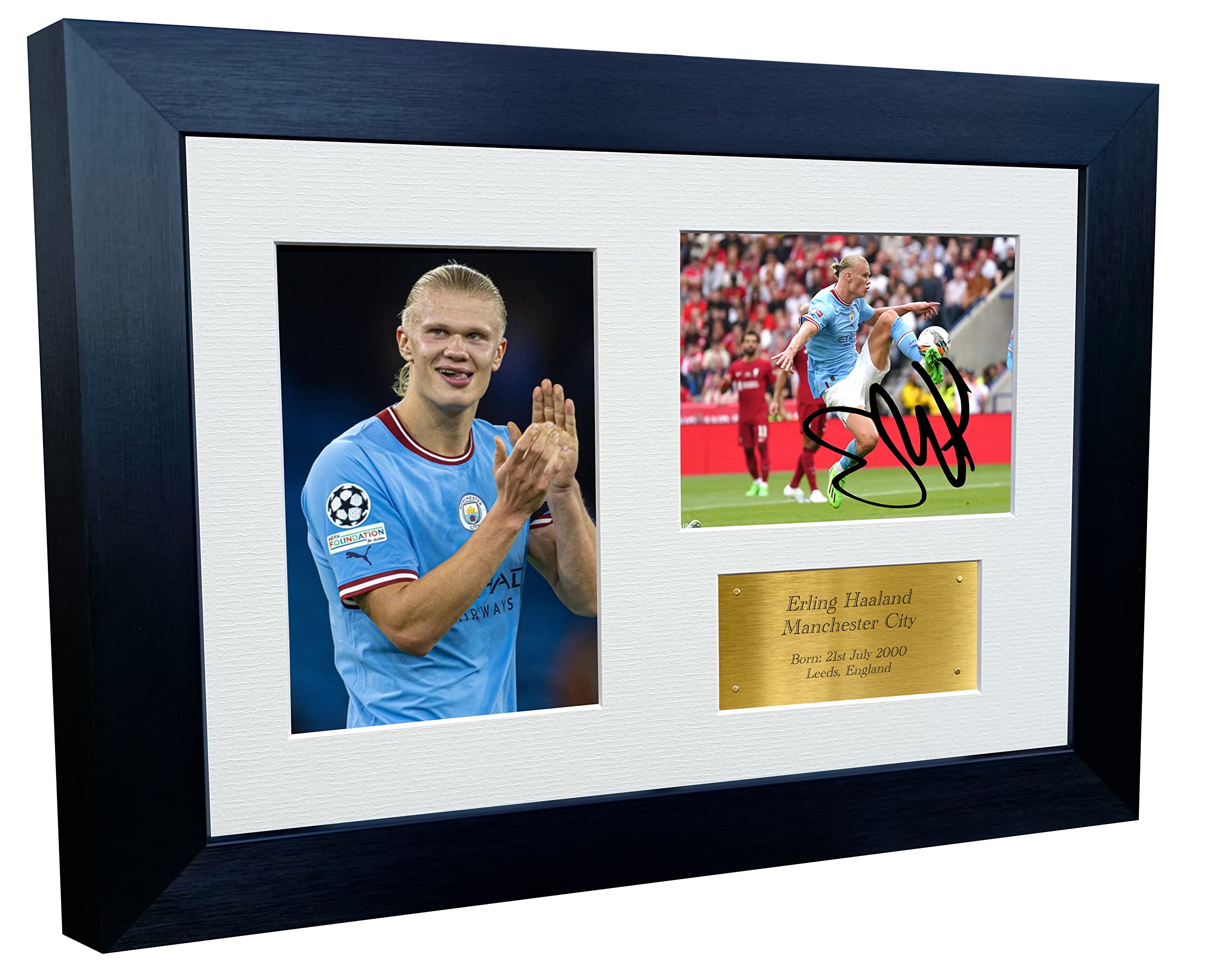 Kitbags & Lockers 12x8 A4 Erling Haaland Manchester City Triple Autographed Signed Photo Photograph Picture Frame Football Soccer Poster Gift Gold
