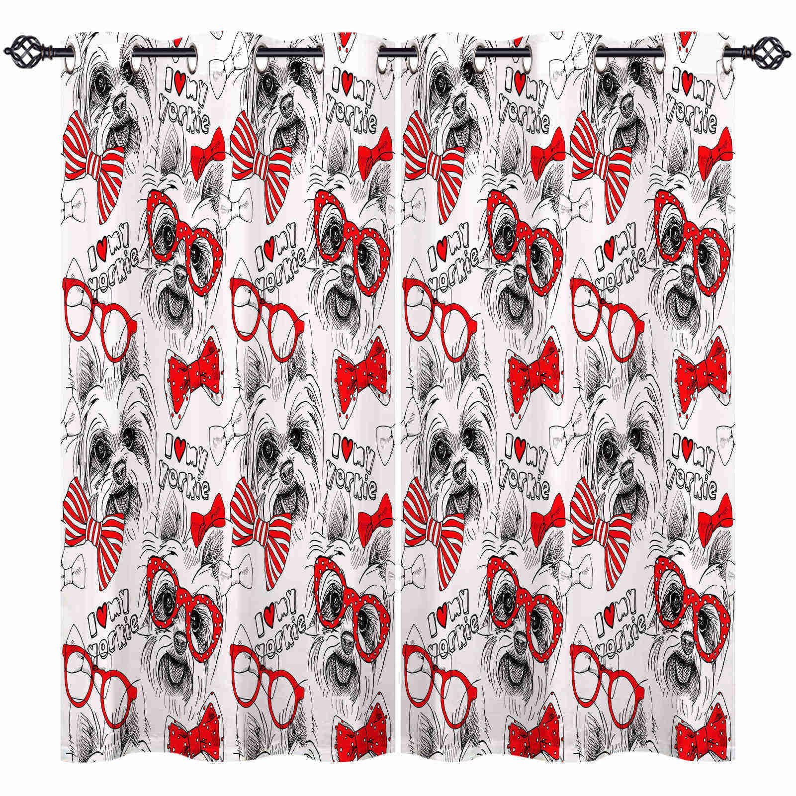 ANHOPE Dog Curtains Eyelet 80% Blackout Room Darkening Curtains with Hand Drawn Yorkie Bows Glasses Tie Print Pattern Light Blocking Window Drapes for Bedroom Living Room 52 x 63 Inch Drop 2 Panels โ image 1