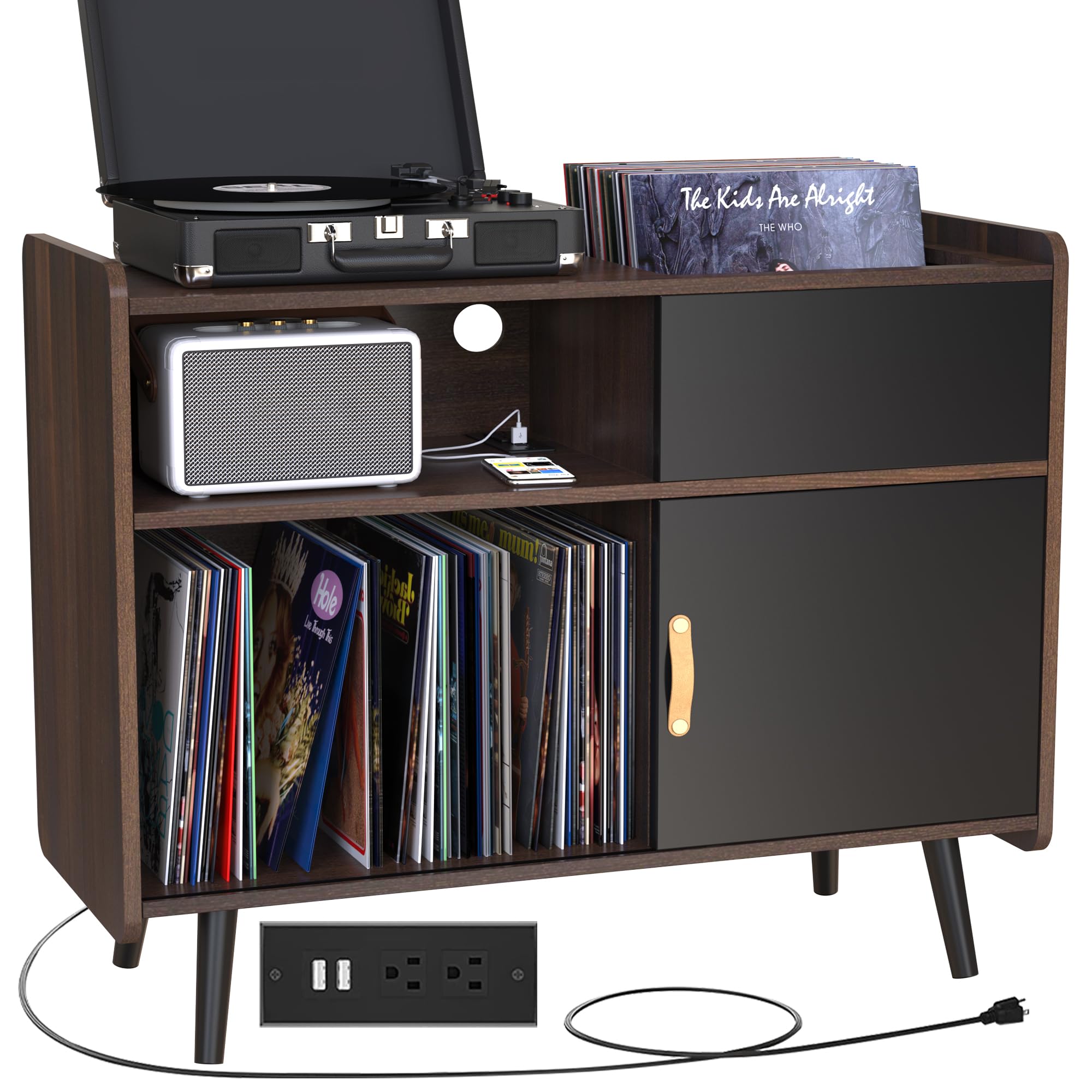 GDLF Record Player Stand with Vinyl Storage,Record Player Table Cabinet with Power Outlet,Holds up to 350 Albums, Turntable Stand with Wood Legs for Living Room,Bedroom,Office