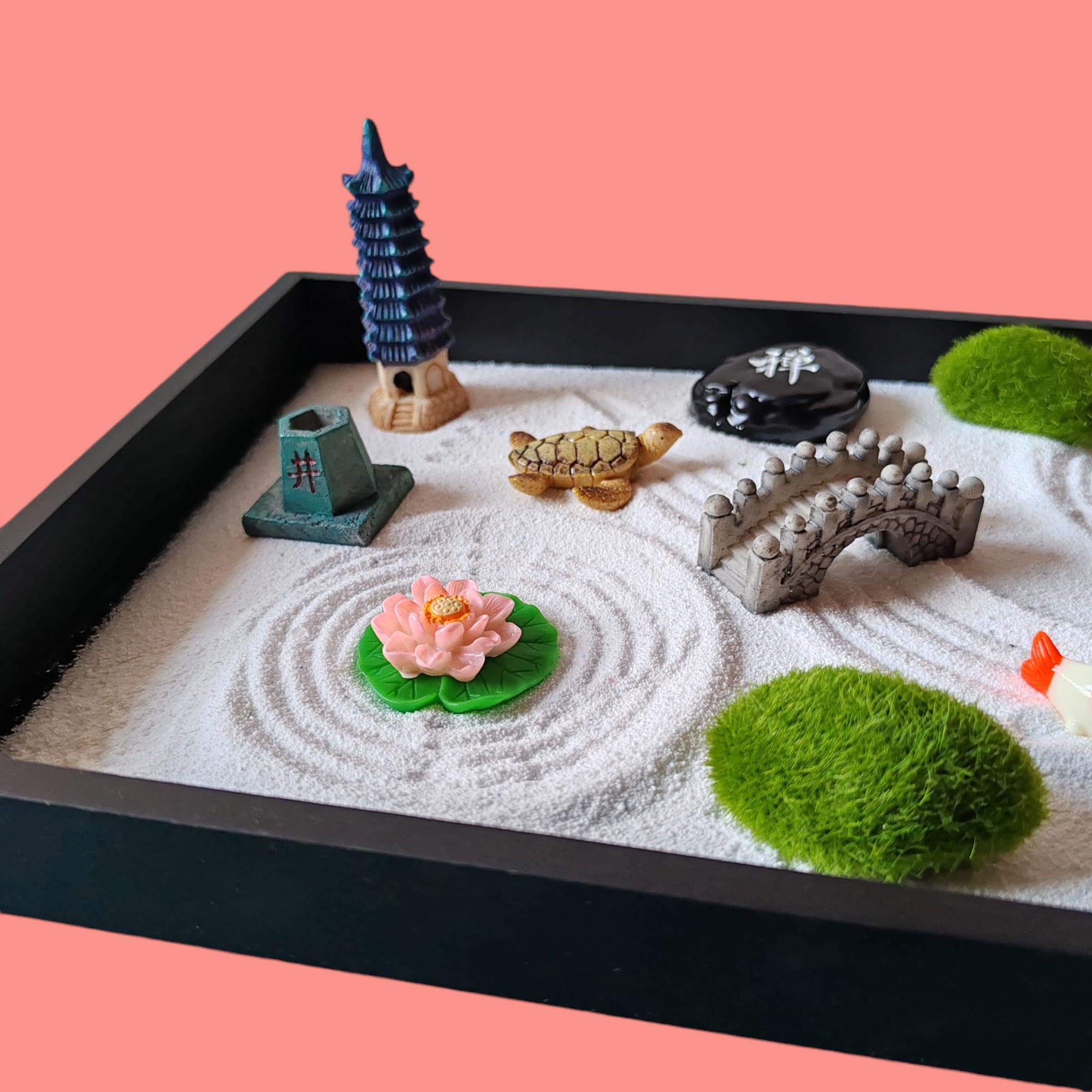 ZEN&TAO Classic Desktop Zen Garden with Abundant (Over 20) Accessories Sitting in Large Black Original Wood Tray and 7pcs Toolset Encased in Metal Box (CHAKRA GEMSTONES) - Image 3