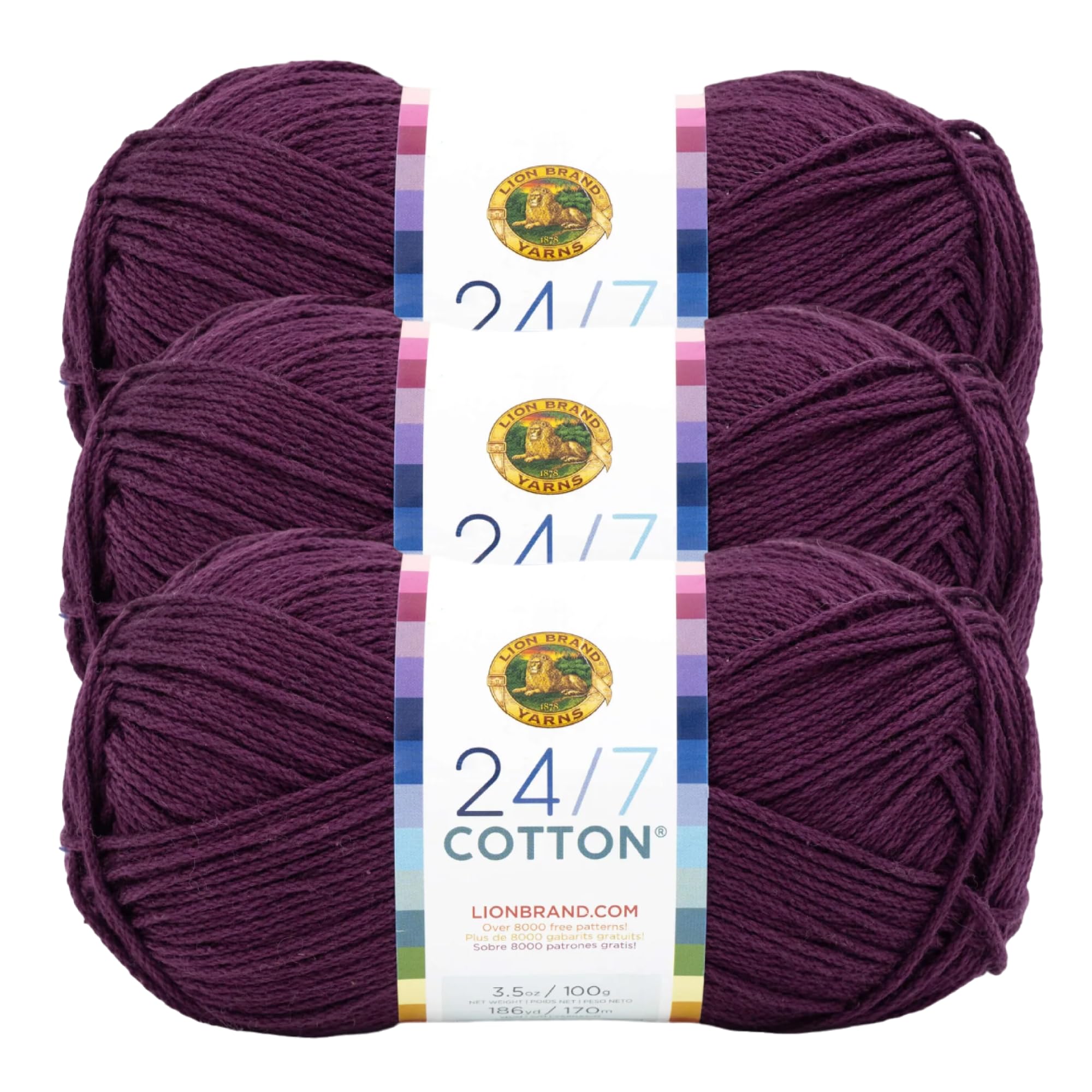Lion Brand Yarn, 24/7 Cotton Mercerized Lightweight Yarn for Knitting, Crochet, and Crafts, Eggplant, 3 Pack, 185 Yards of Natural Fiber for Breathable Tops, Durable Bags, and Easy-Care Dish Cloths — image 1