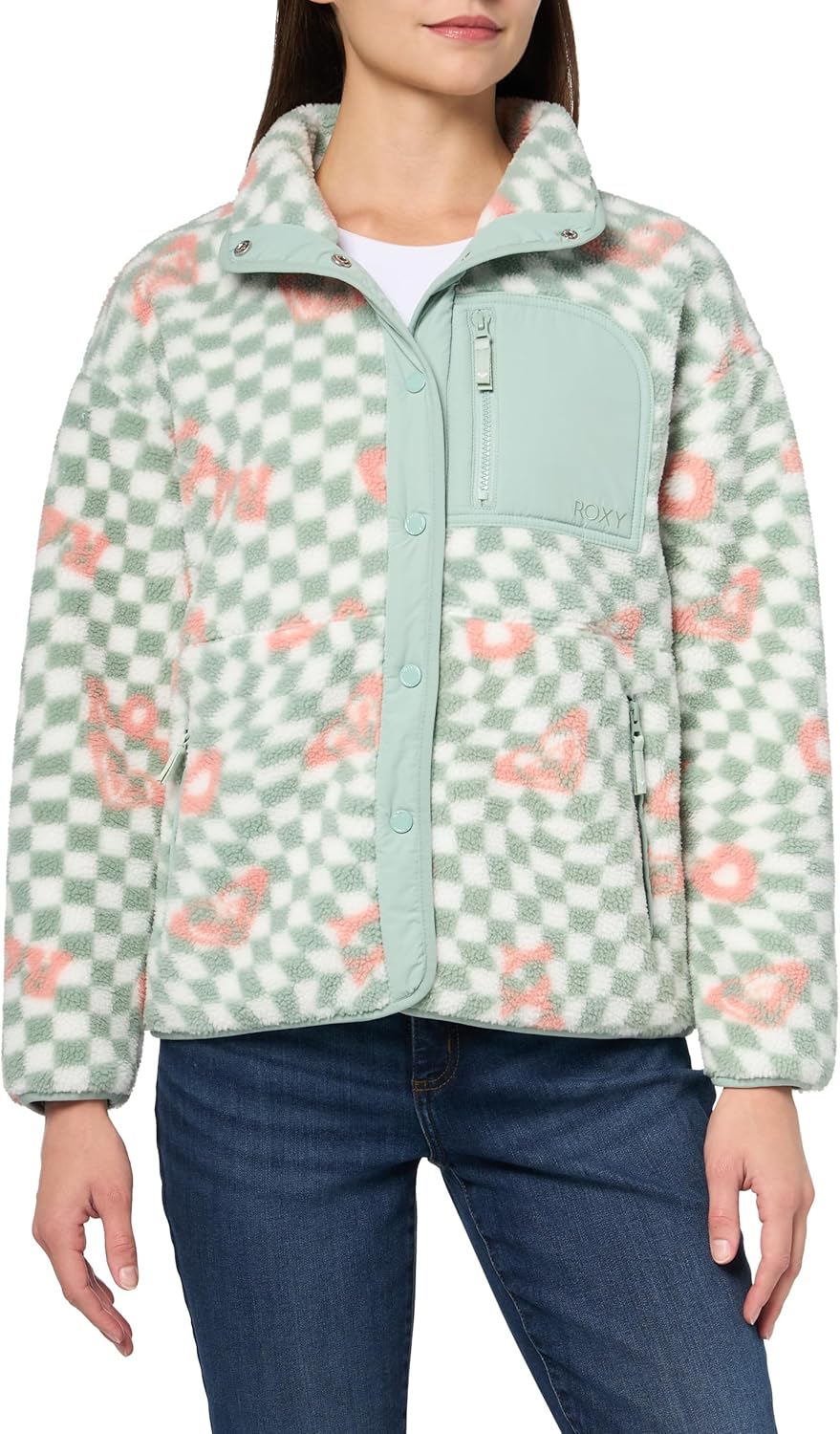 Roxy Women's Bonded Sherpa Jacket – Oversized Fit, Faux Sherpa Fleece, Pfas-free, Snap Front, Zipper Pockets