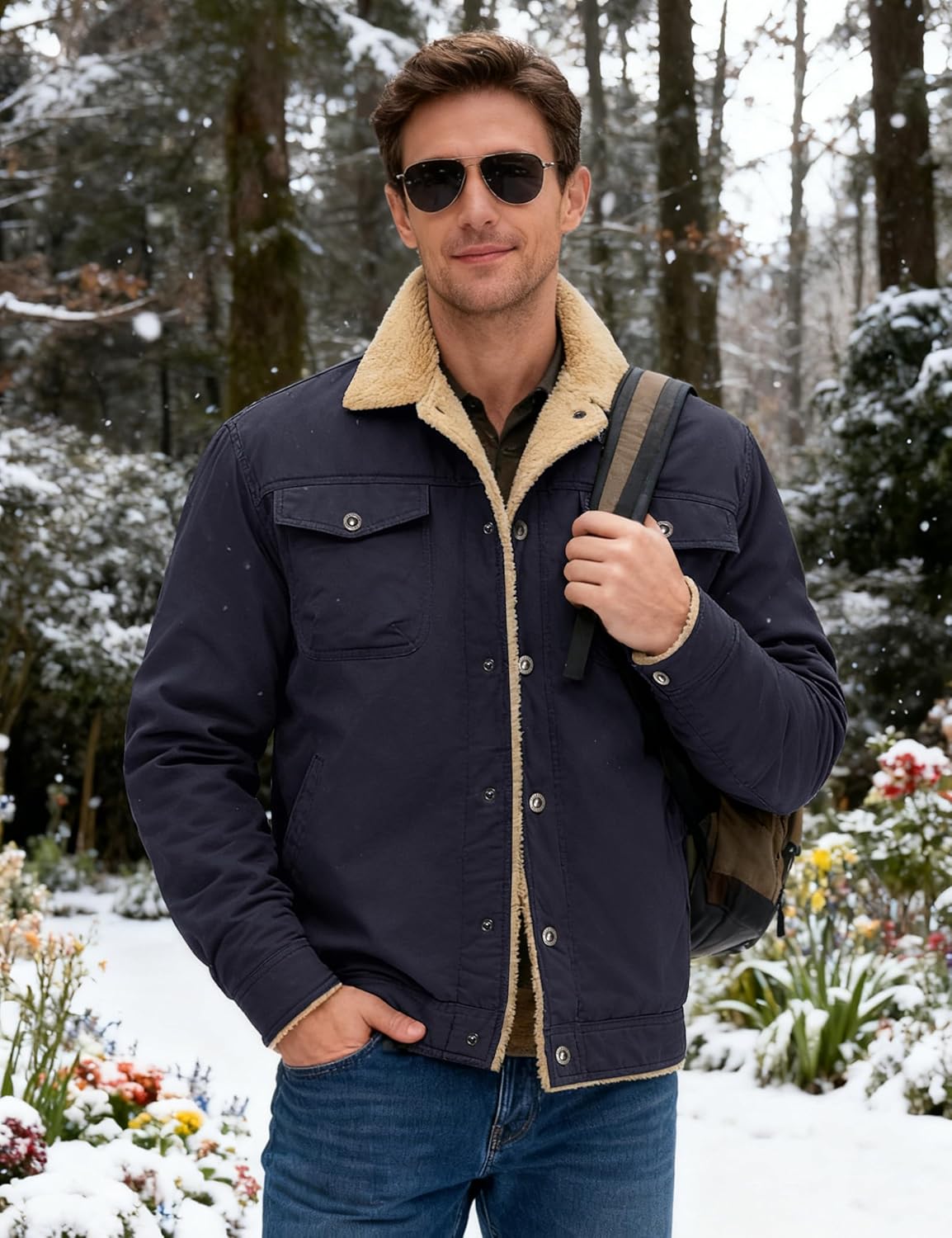 MAGNIVIT Men's Cotton Cargo Jacket Winter Sherpa Fleece Lined Work Jacket Coats with 5 Pockets - Image 2