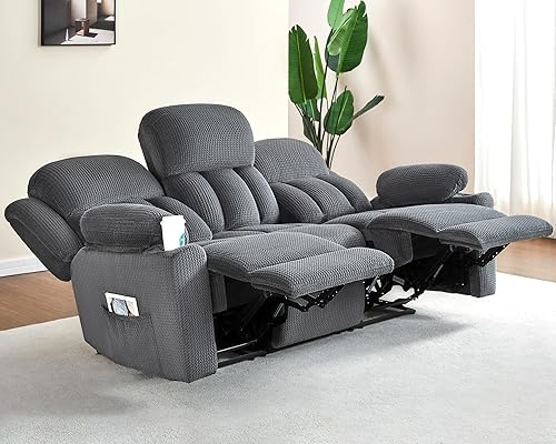 VanAcc Sofá reclinable de 3 plazas con portavasos para sala de estar, cómodo sofá de 85 pulgadas con respaldo de ala doble, sillón reclinable gris