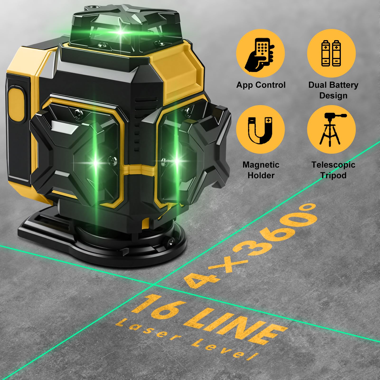 Livella Laser Autolivellante 360 x 4, Precisione ± 1 mm/5 m, 4D 16 Linee Livello Laser con Treppiede, Laser Verde, Visibilità Eccezionale a 25 m, Supporto Rotante, 2 x 3600mah Batteria(Giallo)