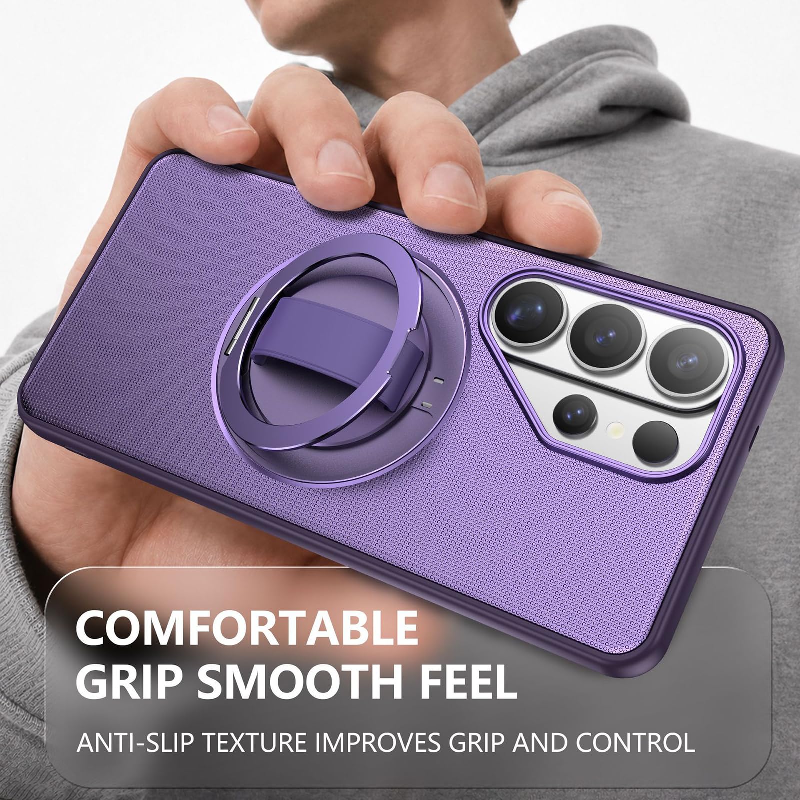Magnetyczne etui do Samsung Galaxy S26 Ultra/S26+/S26, regulowany pasek na palec z pierścieniem ultra cienka obudowa ochronna na aparat, fioletowy, S26+
