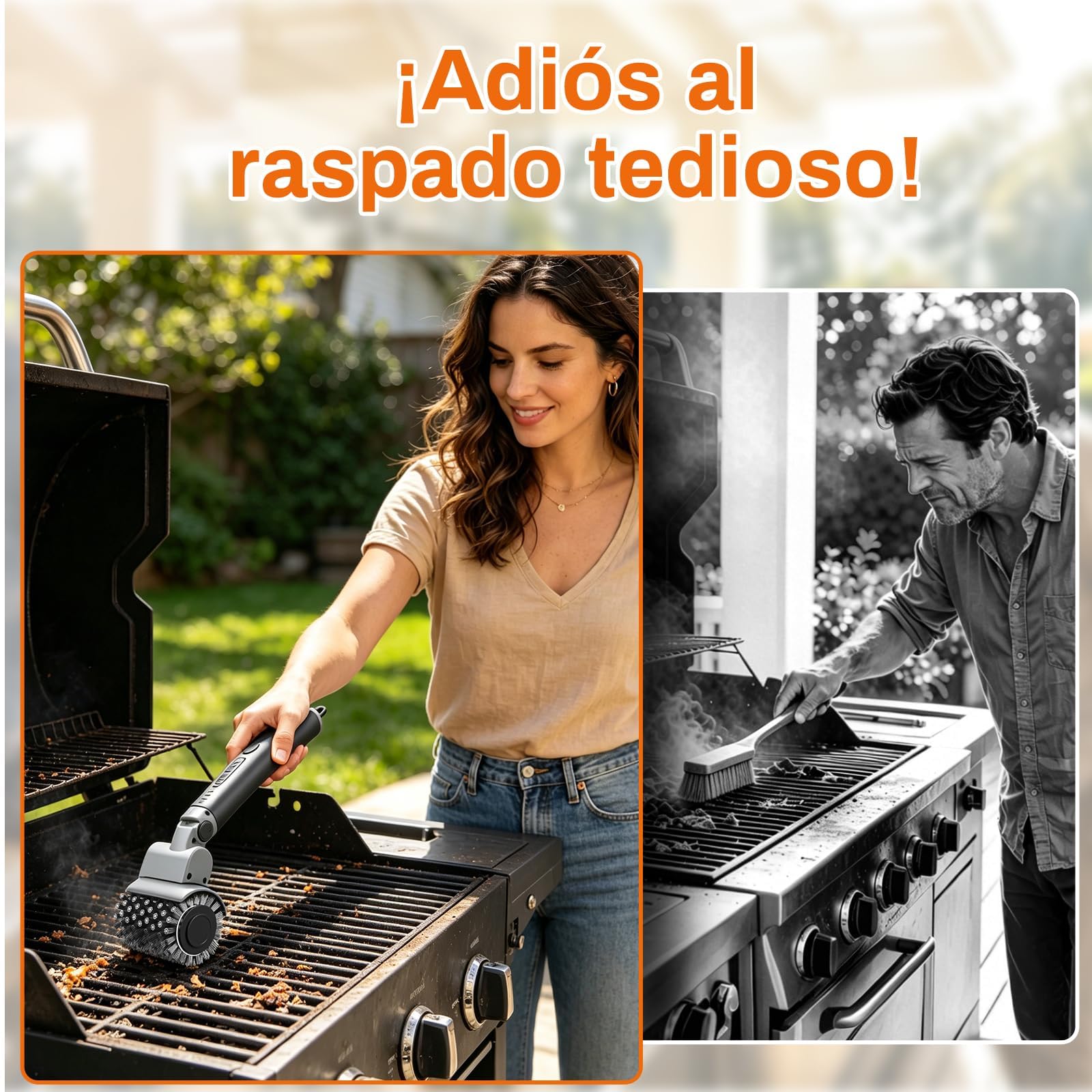 Cepillo Eléctrico para Barbacoa, Limpiador de Parrilla Inalámbrico 3 en 1 con 3 Velocidades y 180° Ajustable, 3 Cabezales Acero INOX Reforzados, 150Min Batería, Impermeable, Apto Lavavajillas