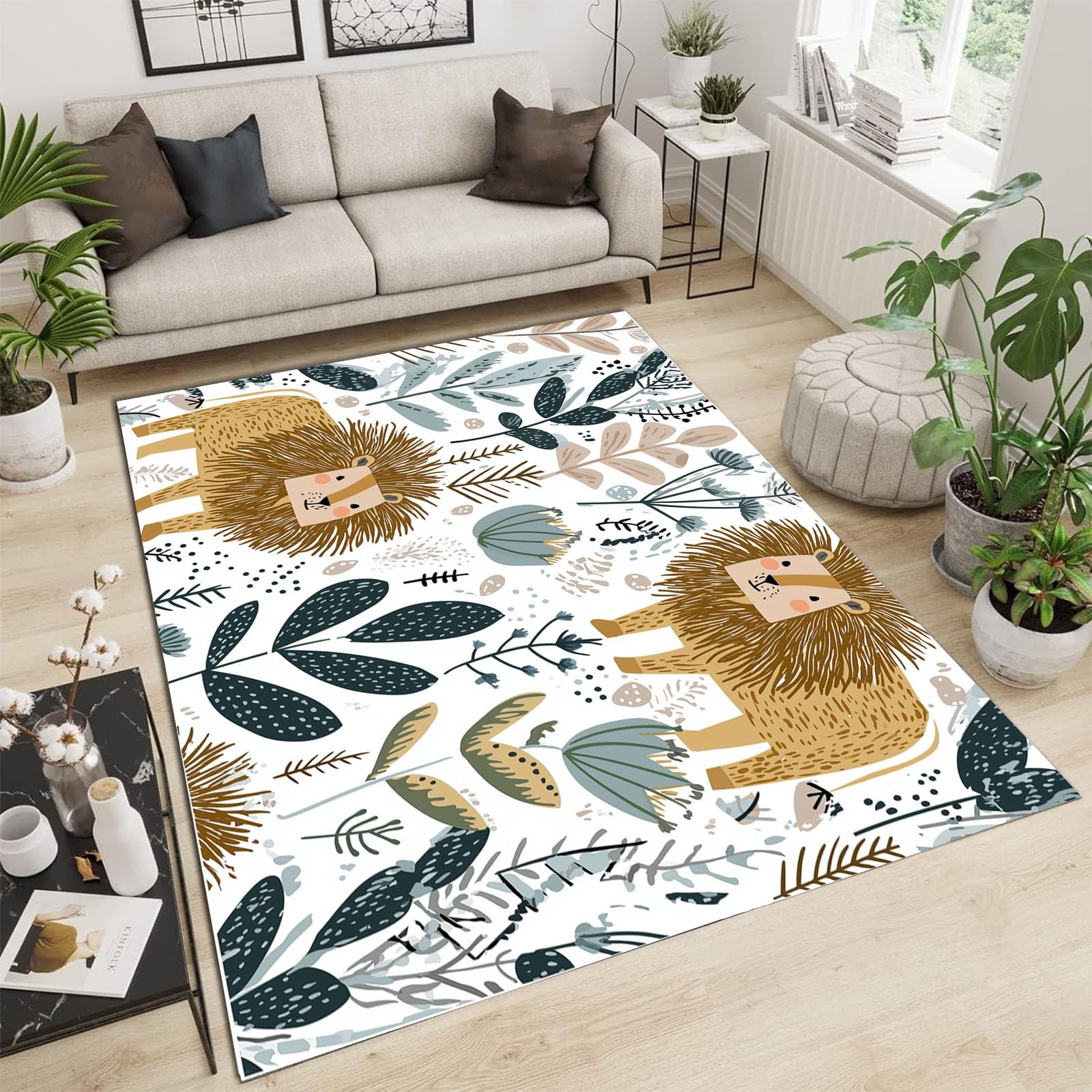 Tapis lavable et antidérapant curcuma style bohème lion de la jungle