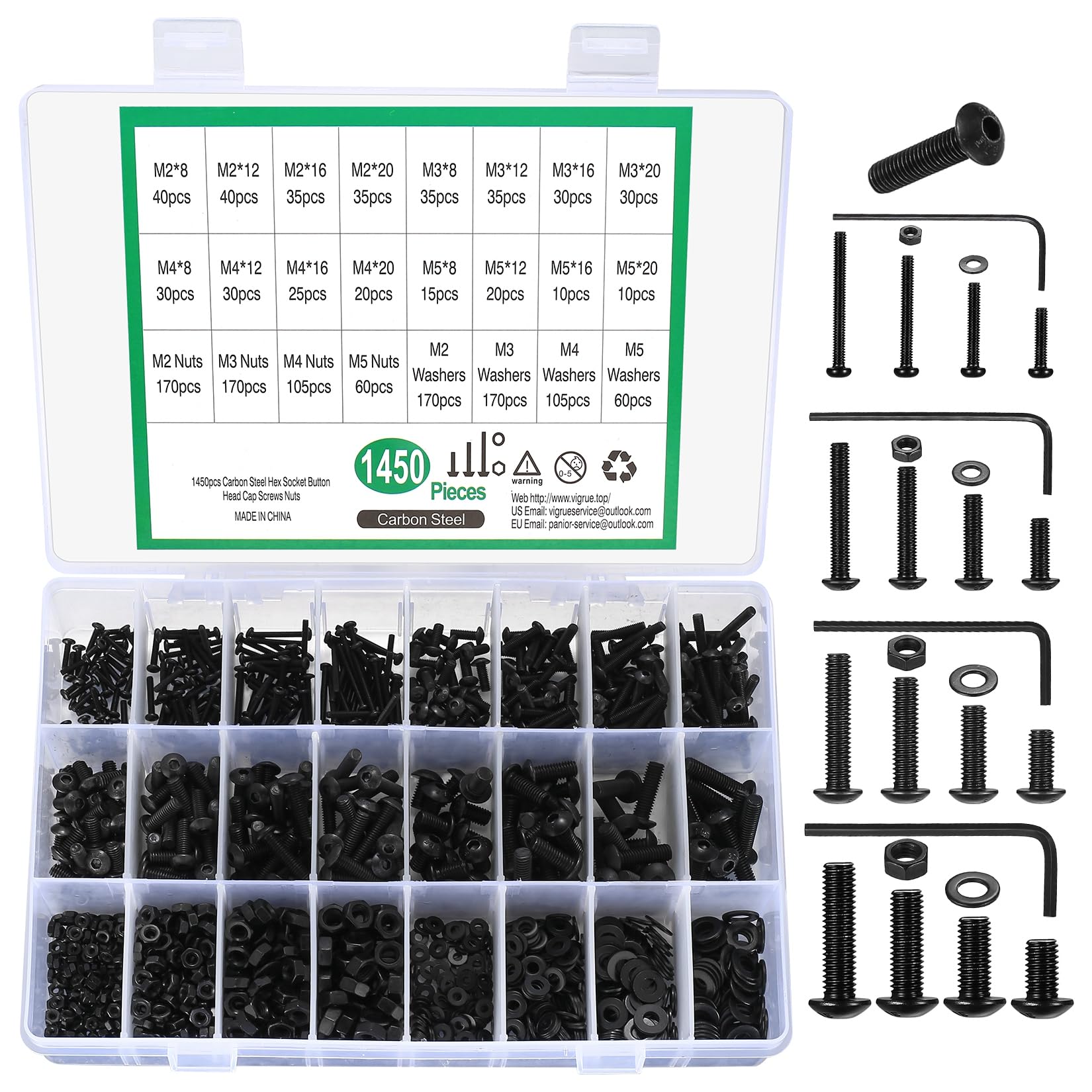1450 Pcs Nuts and Bolts Assortment Set, Button Head and Cap Screws, Round Pan Head Machine Bolts, Fully Threaded, M2-M5