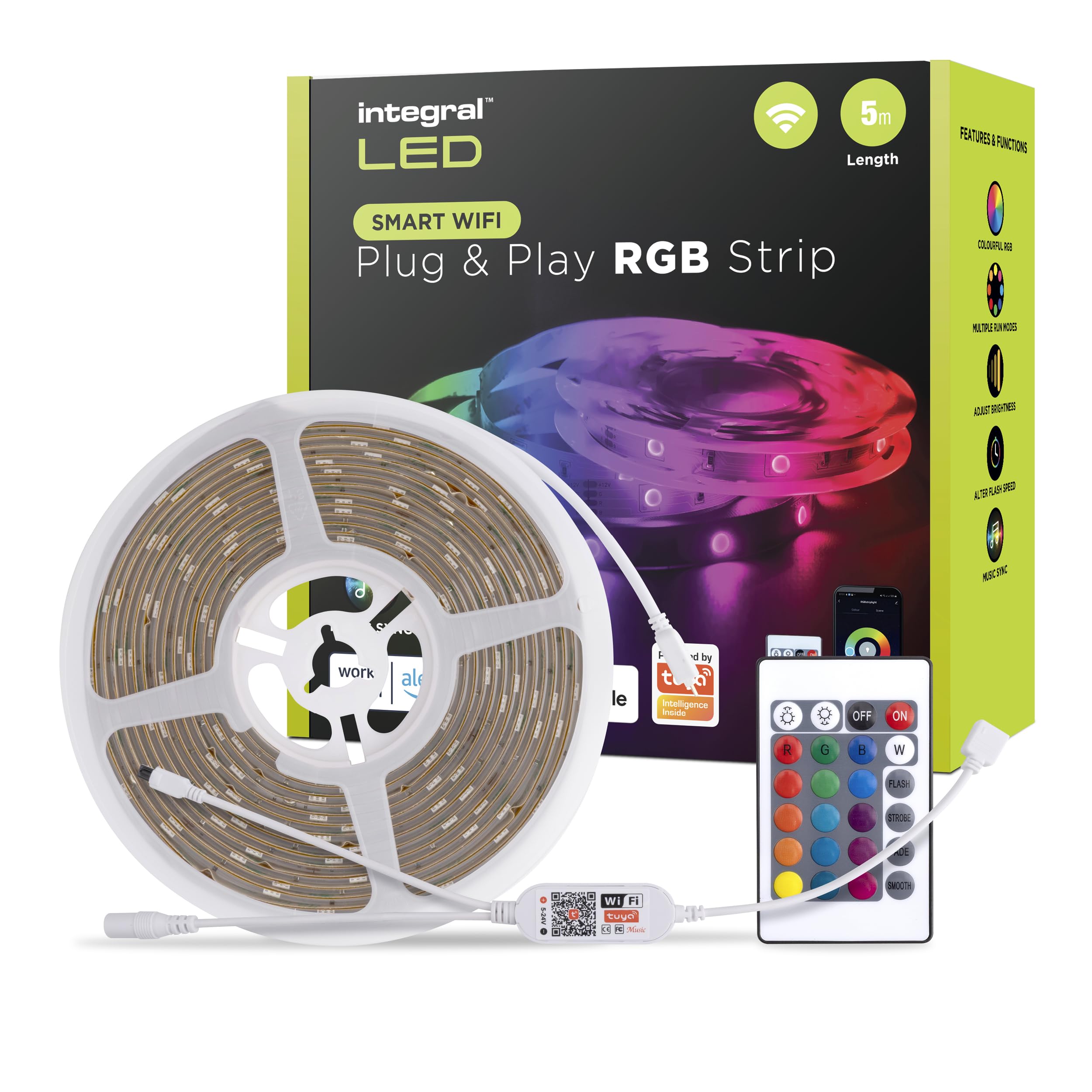 Integral 5M RGB LED Strip Light, Color Changing, Dimmable, Music Sync, Tuya WiFi Smart App and Remote, Plug & Play with Reuno United Plug: for Living Room, Office, Kitchen and More