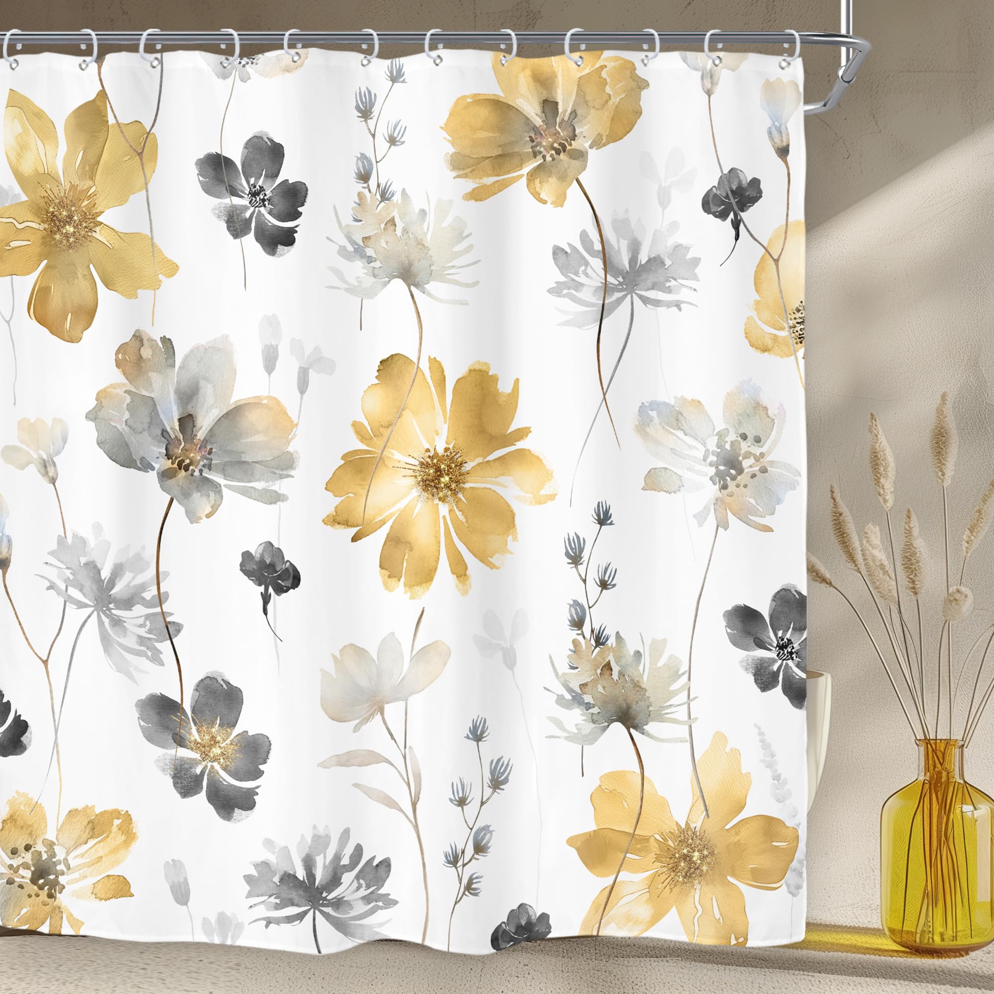 Riyidecor Yellow Grey Floral Flower Shower Curtain,Spring Cute Boho Botanical Bathroom Curtains,Wildflower Rustic Watercolor Plant Bath Decor Set,