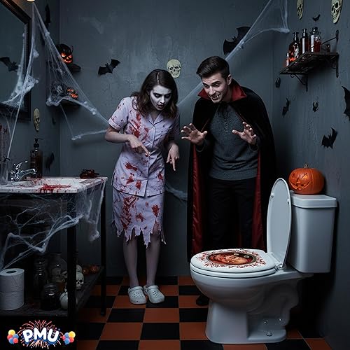 Miniatura 6 de PMU Accesorio de decoración de fiesta de Halloween, funda de asiento de inodoro de baño sangriento, 12 x 17 pulgadas, accesorio de fiesta (1pkg) Pkg1