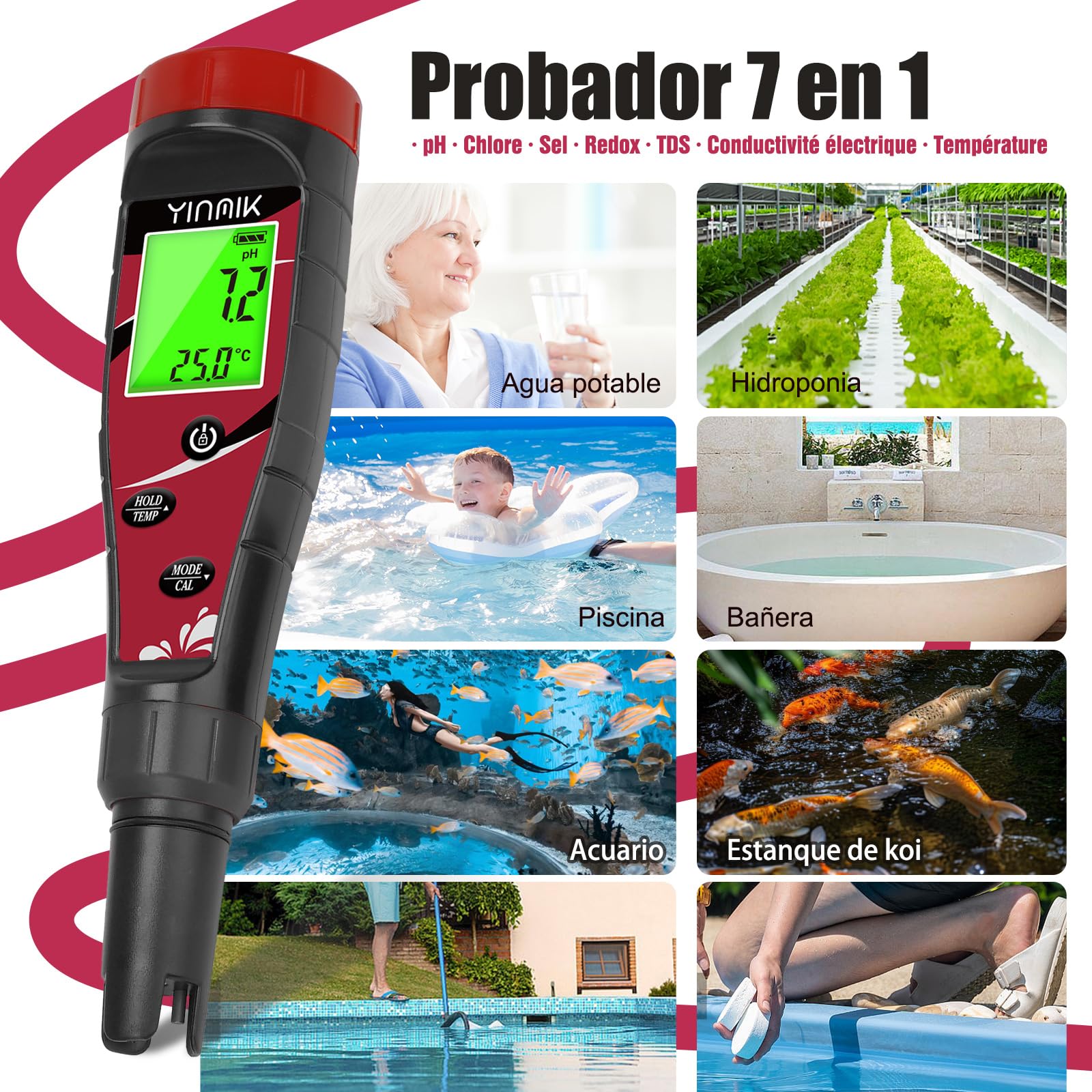 YINMIK Medidor de pH y Cloro salino para Piscinas, 7 en 1, Profesional, para Piscinas de Agua Salada, electrónico, pH y EC TDS para acuarios hidropónicos.
