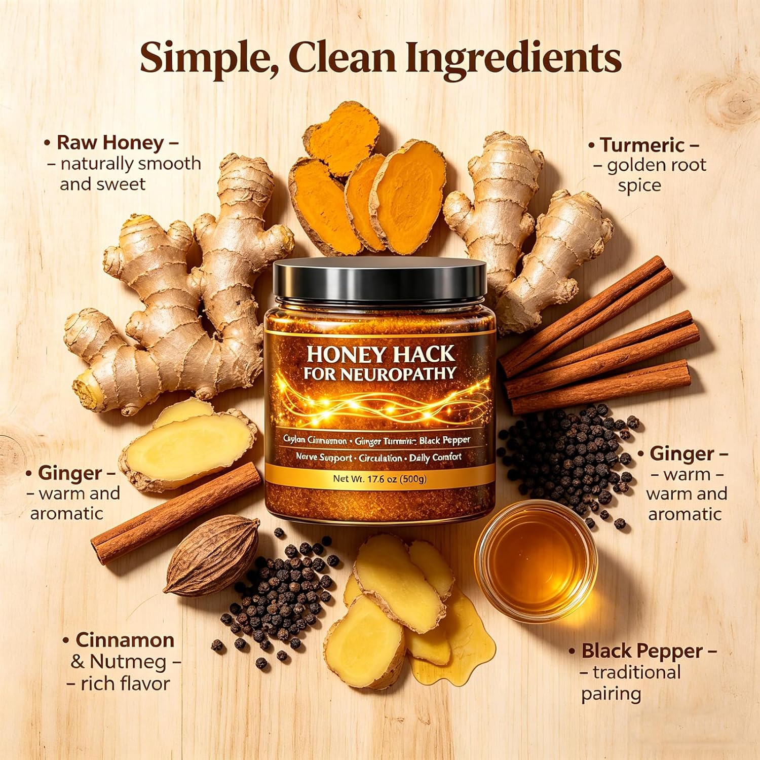 Honey Hack for Neuropathy 500g – Raw Honey with Turmeric, Ginger, Cinnamon & Black Pepper – Ready-to-Use Wellness Paste for Tea, Smoothies & Daily Support (1)