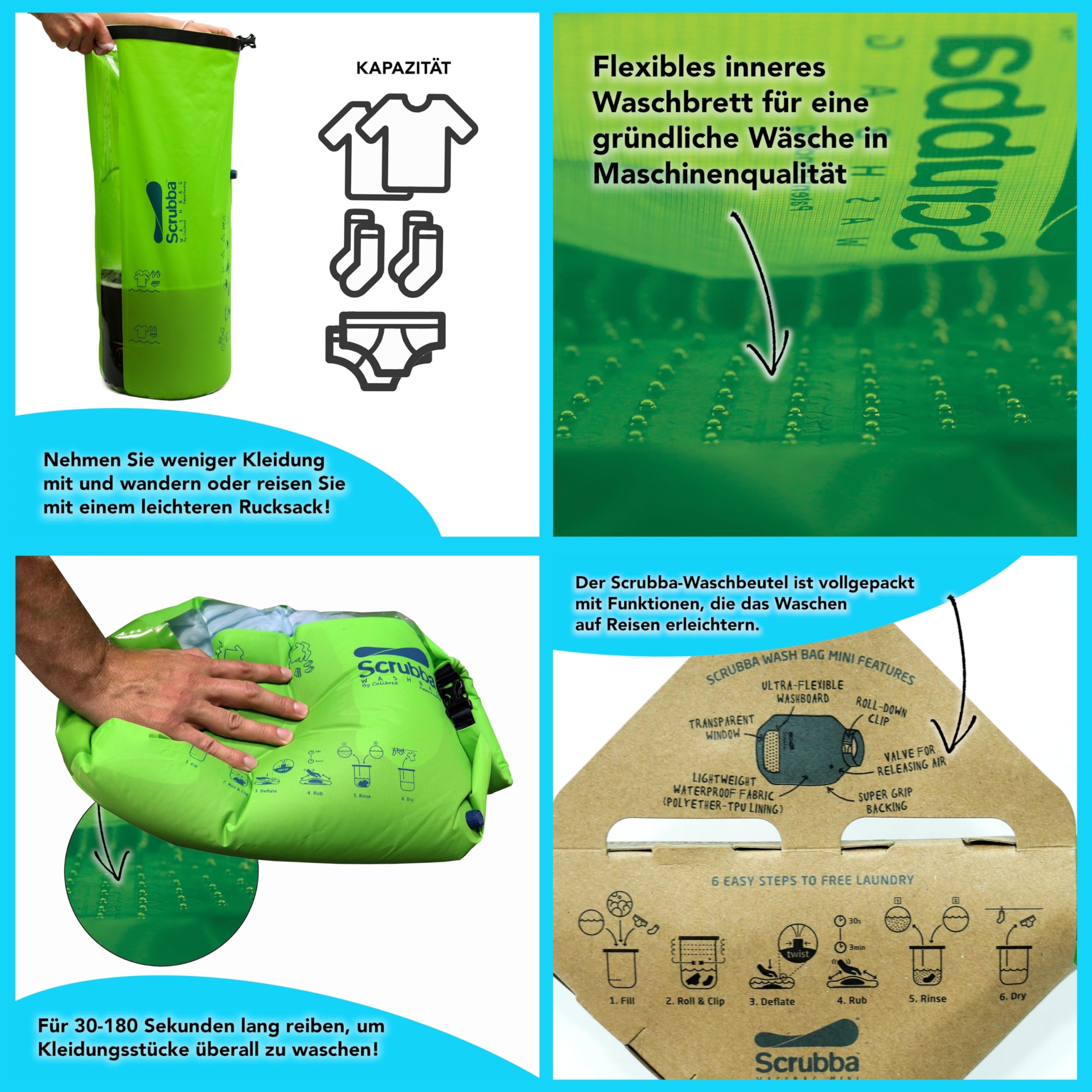 Scrubba Waschbeutel & Trocken-Set – Tragbares Waschsystem mit XL Handtuch, Wäscheleine & Haken – Für Camping, Reisen, Hostels & Hotels – Leicht & kompakt – Mobile Waschmaschine für unterwegs
