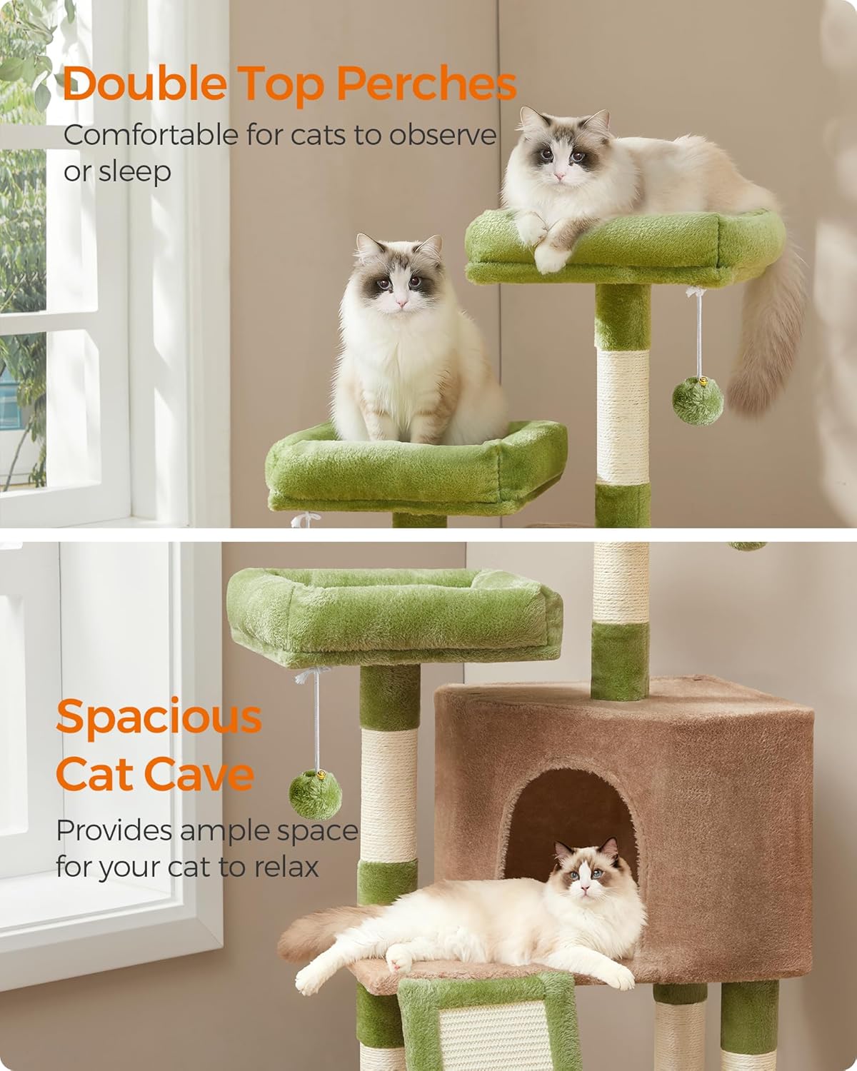 Feandrea Cat Tree, 45.3-Inch Cat Tower, Plush Condo with Scratching Post, Ramp, Perch, Spacious Cave, for Small Space, Grass Green and Camel Brown UPCT141CB03