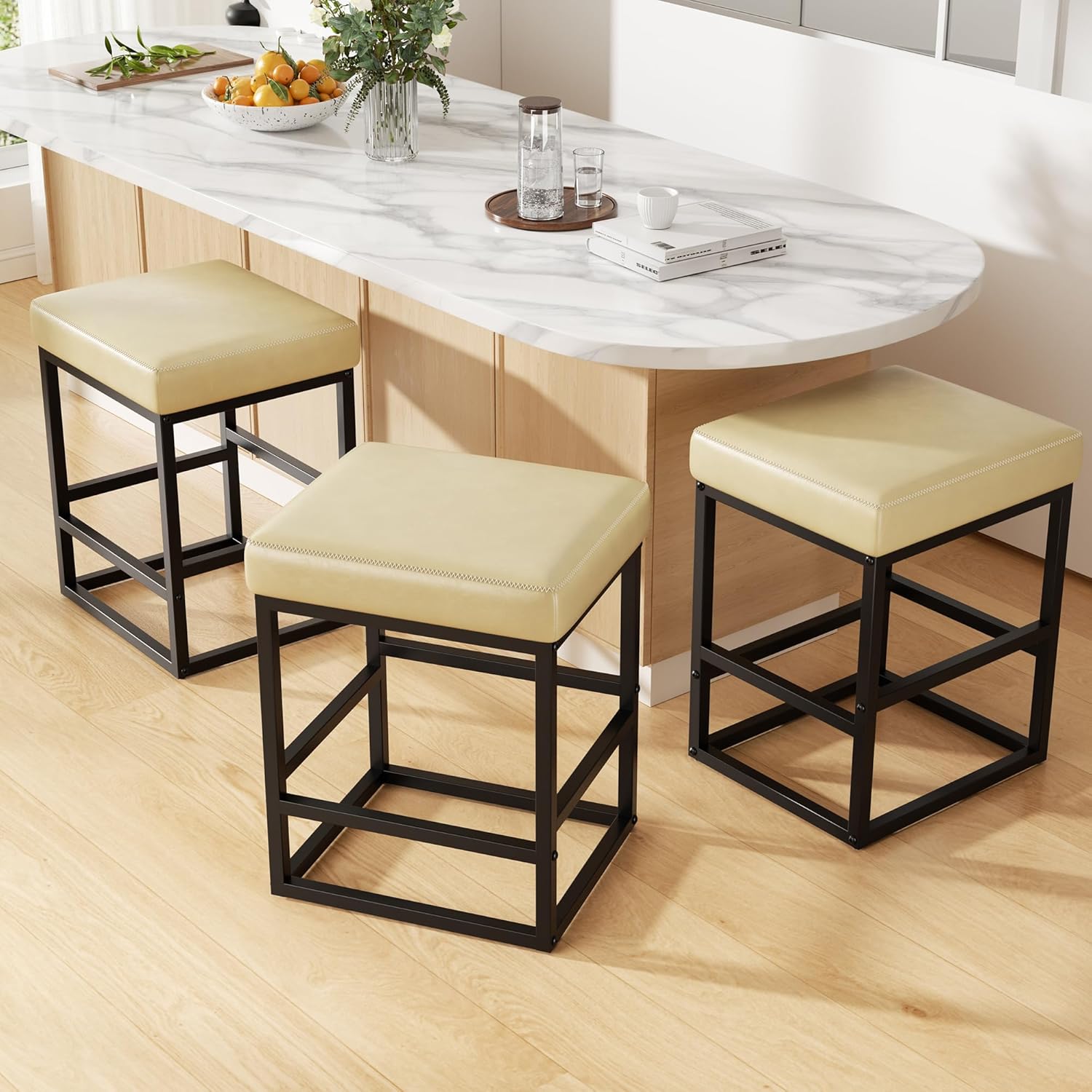 Bar Stools Set of 3, 24in Counter Height Barstools, Faux Leather Counter Stools with Thick Square Seats & Sturdy Metal Base, Modern Bar Chairs for Kitchen Island (Beige)