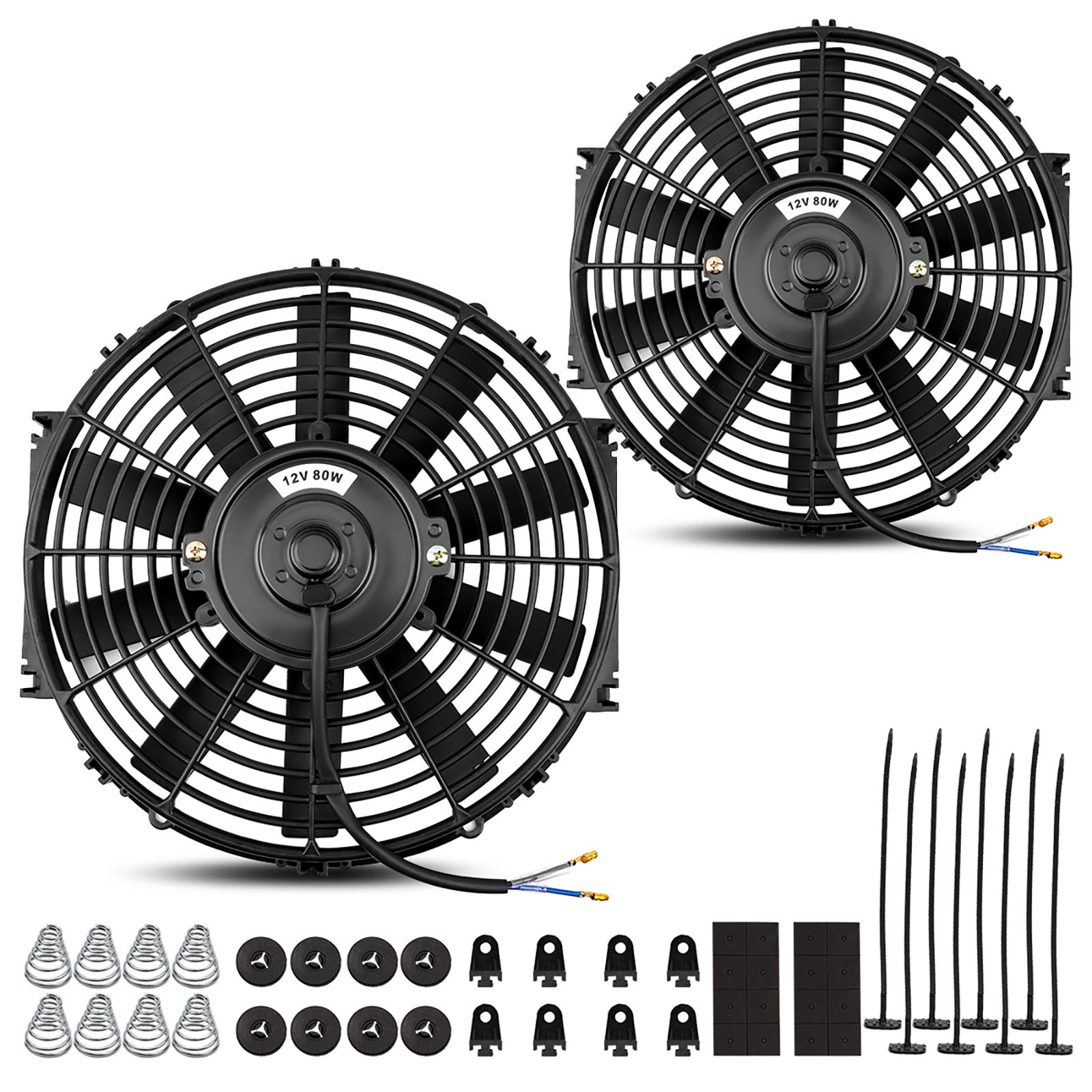 Dual 12-Inch Electric Radiator Cooling Fan & Thermostat Kit - Universal Black