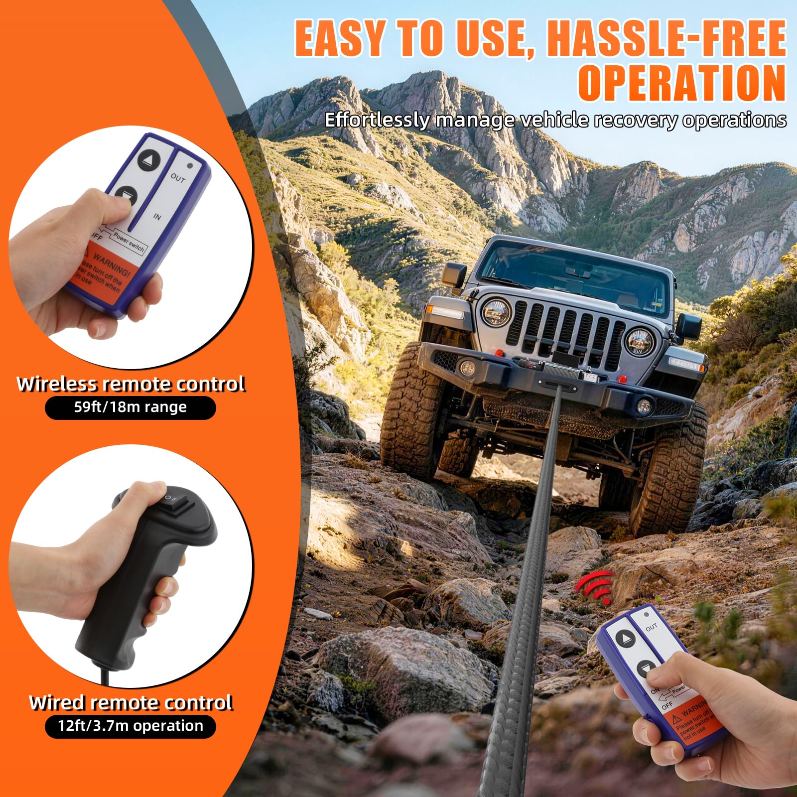 Cabrestante eléctrico 12 V – 6123 kg (13500 lbs), cable sintético de 12 hilos, guía de cable de aluminio, mando a distancia inalámbrico y con cable, IP55, para todoterreno, Jeep y barco