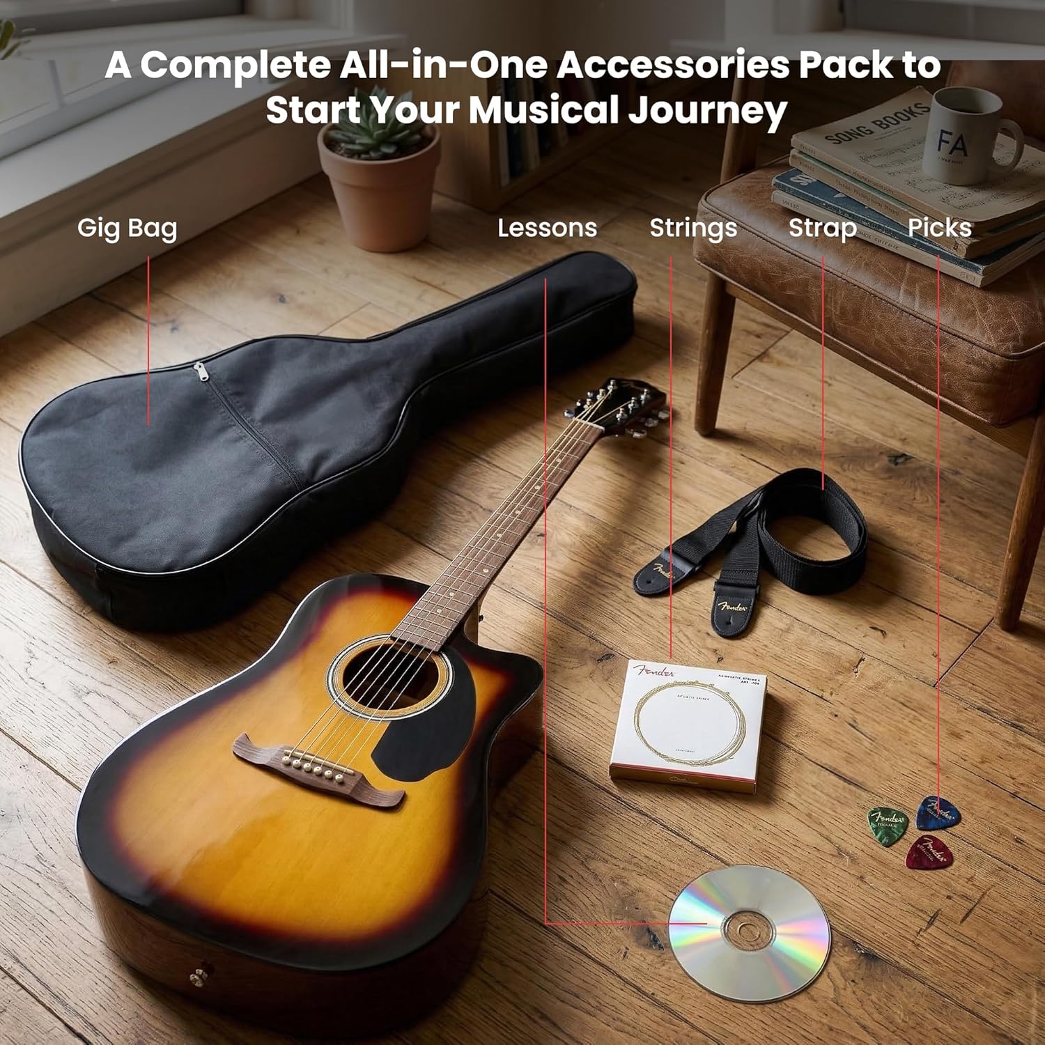 Fender FA-125CE Dreadnought Cutaway Acoustic-Electric Guitar - Sunburst Bundle with Gig Bag, Strap, Strings, Picks, and Austin Bazaar Instructional DVD