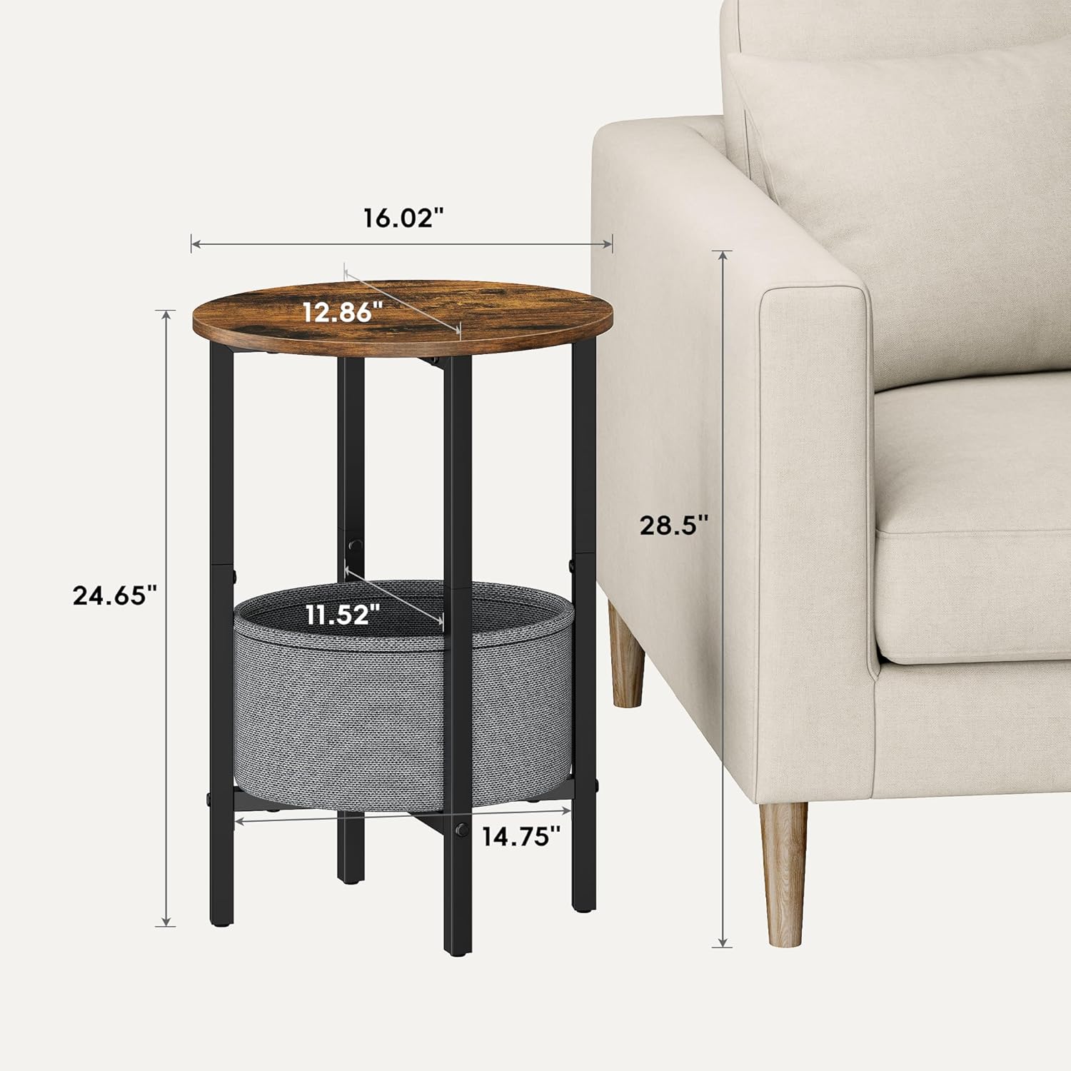 Vagusicc Round Side Table End Table with Storage Basket, Small Side Table Round Nightstand for Small Spaces, Tall Oval End Table with Steel Frame, Coffee Bedside Table for Living Room, Rustic Brown