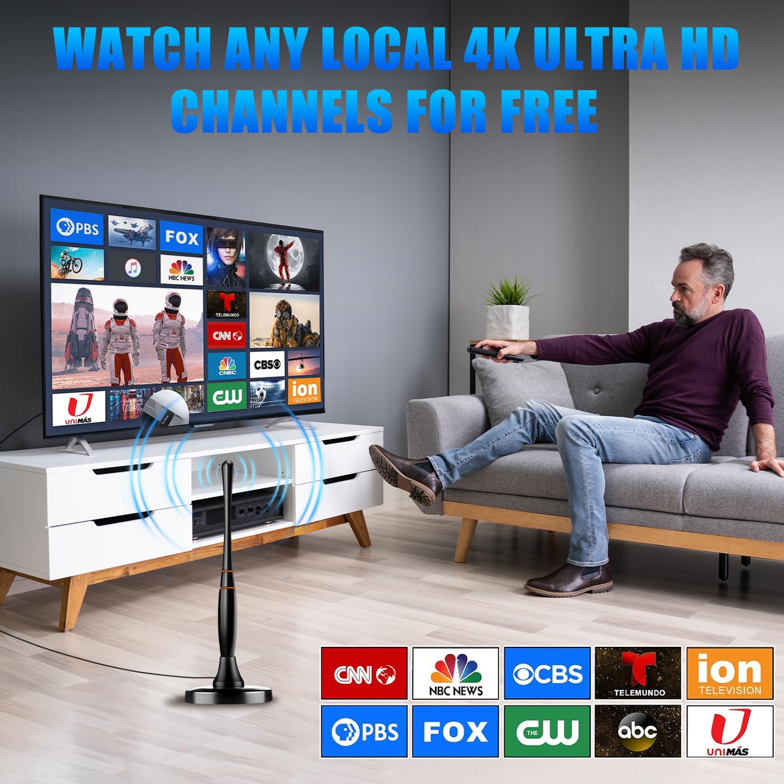 Antenna TV Interna, Antenna per Smart TV per ricezione a lungo raggio e tutte le Smart TV e vecchie TV, antenna digitale HD con amplificatore di segnale per canali locali, supporta 4K 1080p