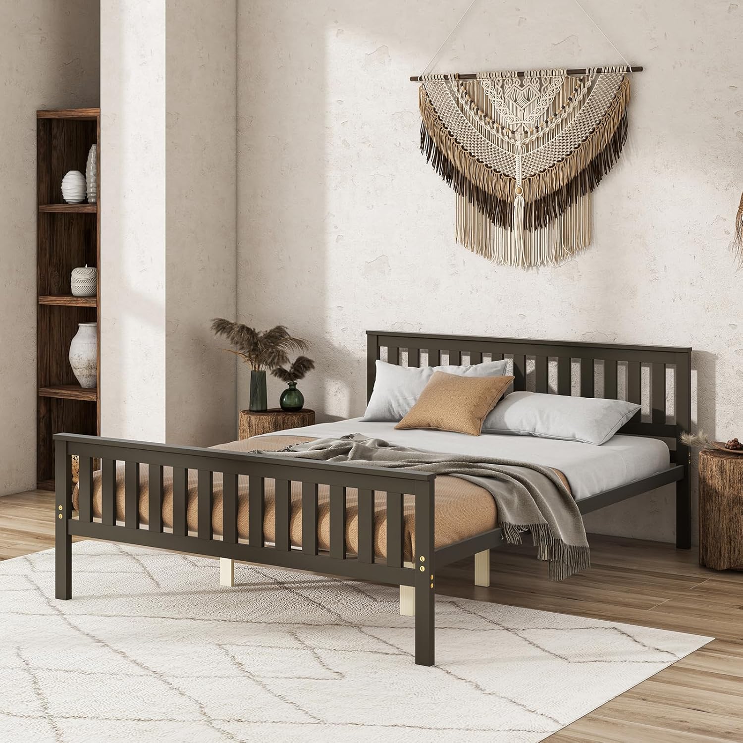 Giantex Queen Size Wood Platform Bed Frame, Mid Century Queen Bed Frame with Headboard, Wood Slat Support, Queen Panel Bed, No Box Spring Needed, Easy Assembly, Espresso