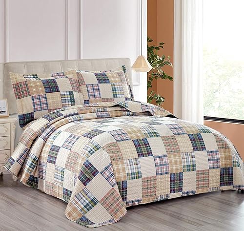 Miniatura 8 de Hailea Edredón a cuadros tamaño matrimonialqueen ropa de cama de retazos azul y blanco colcha ligera a cuadros para todas las estaciones decoración