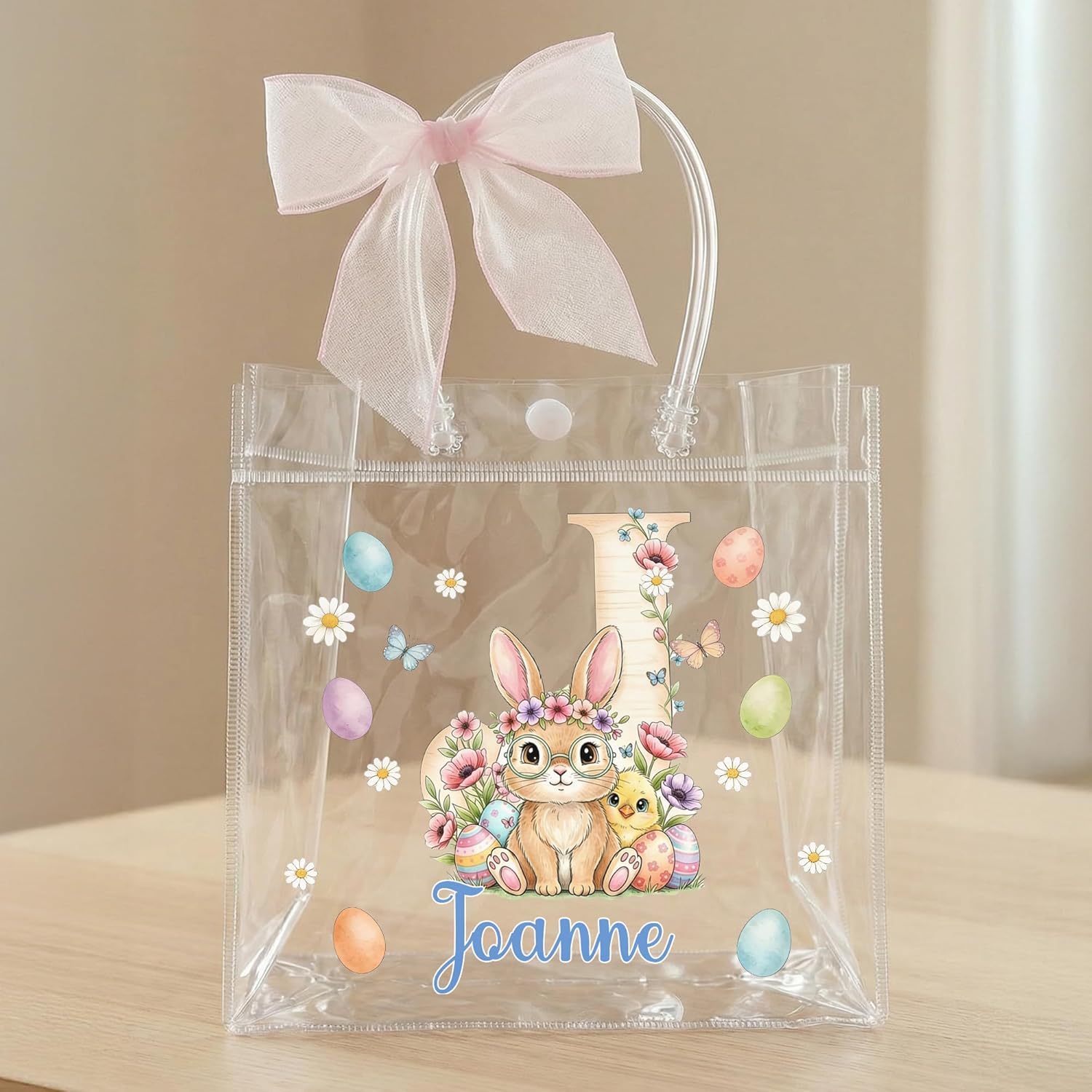 Personalized Clear Gift Bag with Handles | Custom Name Cute Easter Pattern Reusable Clear Party Favor Bags with Ribbon | 7.87" × 7.87" Tote Goodie Bag | Easter Party Favors Gift Bags for Kids Wedding Birthday Valentine's Day - Image 5
