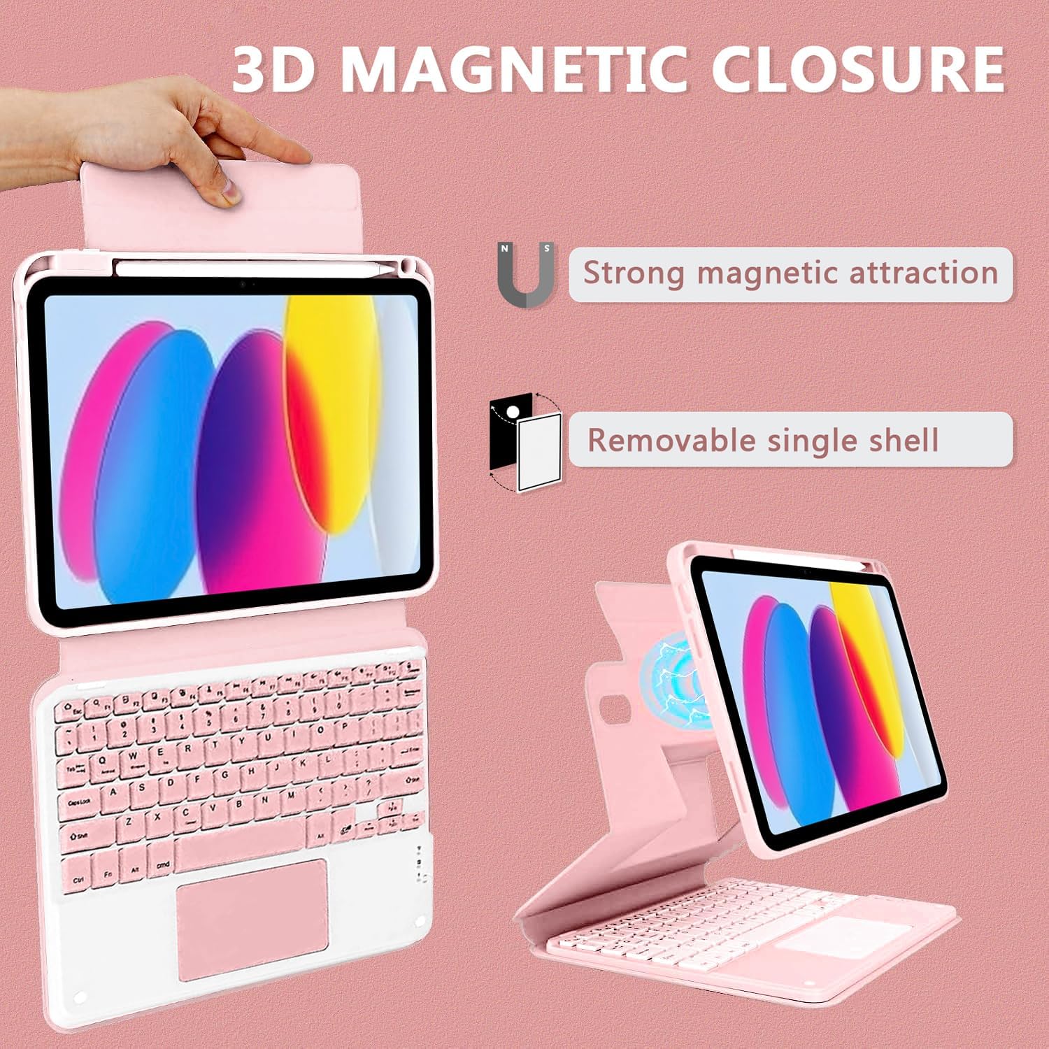 Keyboard Case for iPad (A16) 11th 10th Generation 11 inch 2025, Multi-Touch Trackpad, Wireless, Magnetic Detachable Bluetooth Keyboard Case with Pencil Holder for iPad 10th Gen 10.9 inch 2022 (Pink) - Image 2