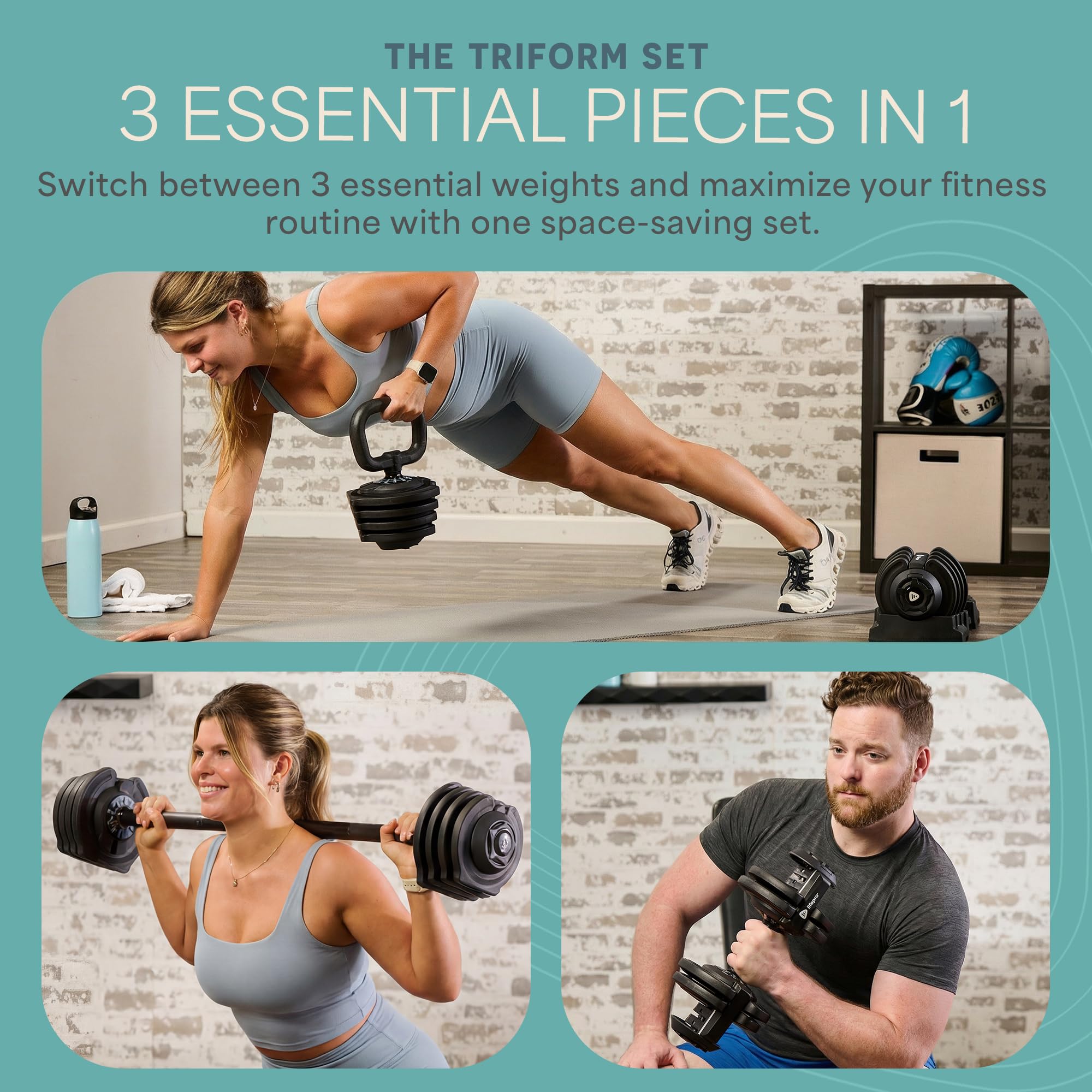 Adjustable Dumbbells & Weights for Home Gym, Quick-Adjust | Choose from 2-55 lb adjustable weights in single, pair, or 3-in-1 options for customizable home strength training.