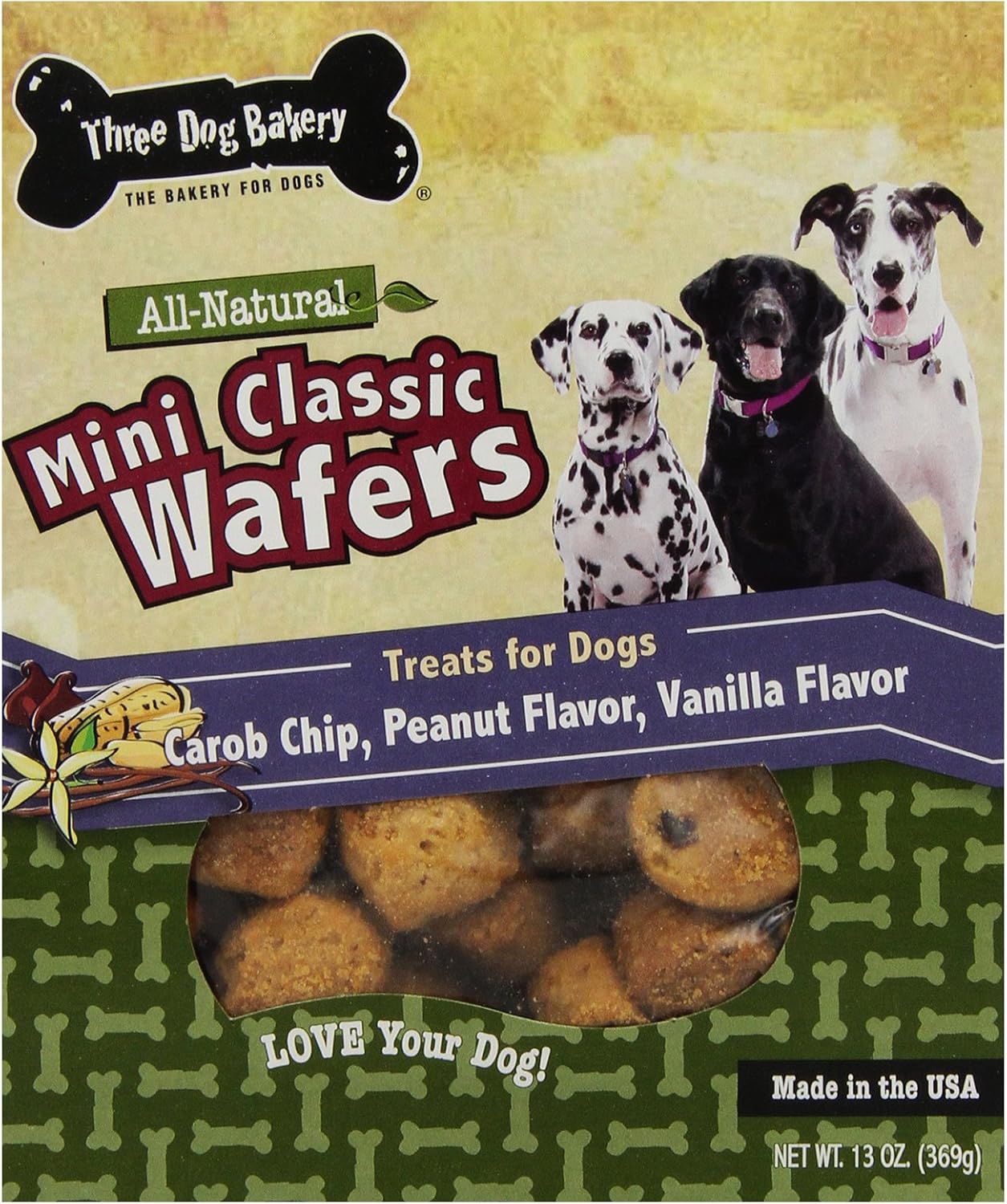 Three Dog Bakery Classic Wafers Baked Dog Treats, Miniature Carob Chip, Vanilla And Peanut Flavors, 13 Oz