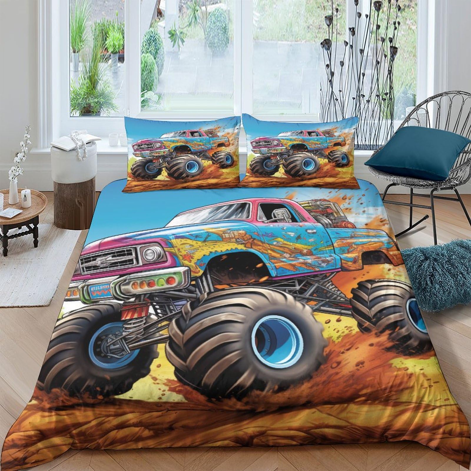 AAHARYA Monster TruckDuvet Cover Set 3D Printed Quilt Cover Microfiber Bedding Set Ultra Soft Hypoallergenic Cartoon Anime Comforter Cover ​for Teenagers,children,kids King（220x240cm）