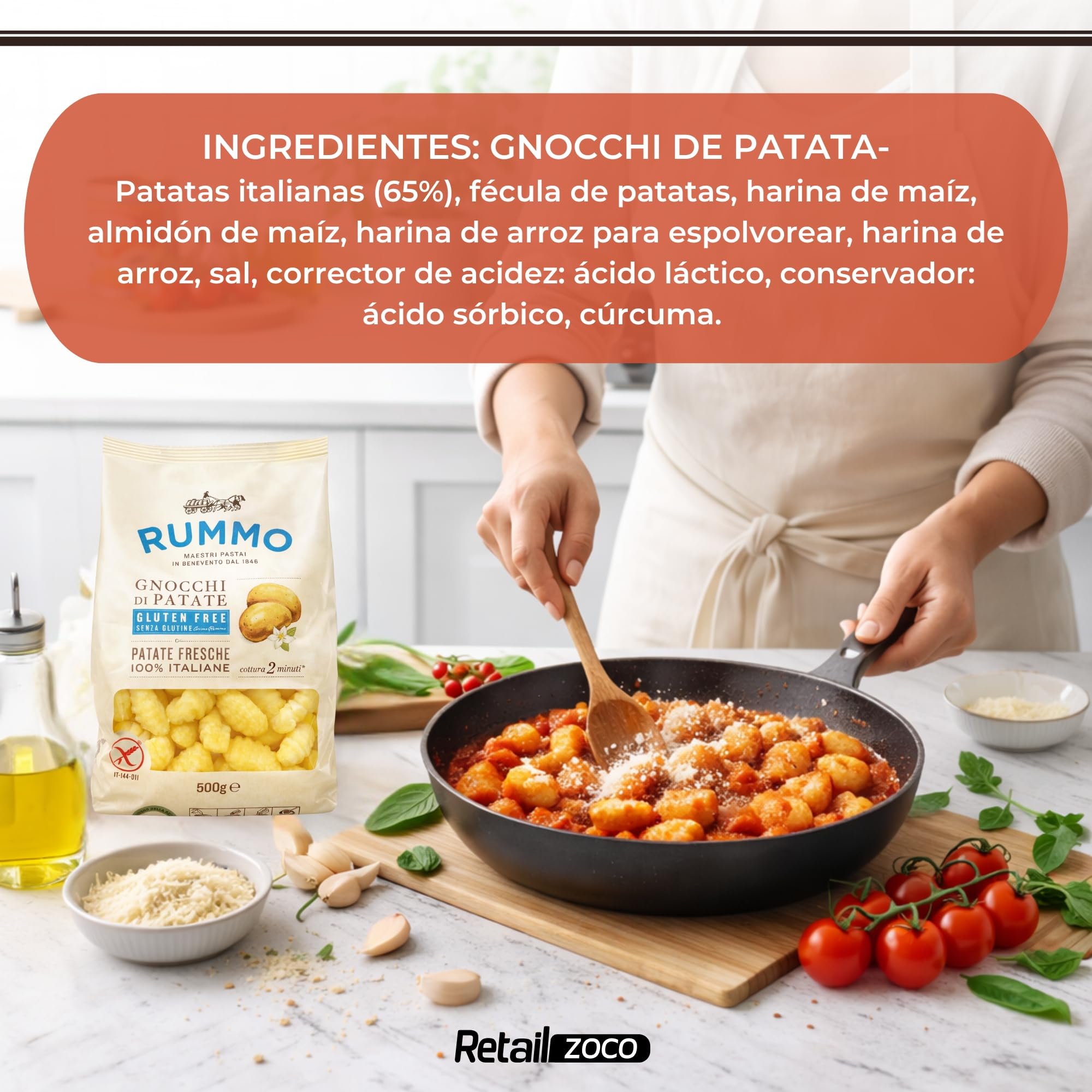 Gnocchi Rummo SIN Gluten de Patatas 65%, ñoquis sin gluten de patatas 100% Italiana, Pasta Italiana, Tiempo de cocción 2 minutos, 1 Paquete de 500 gr
