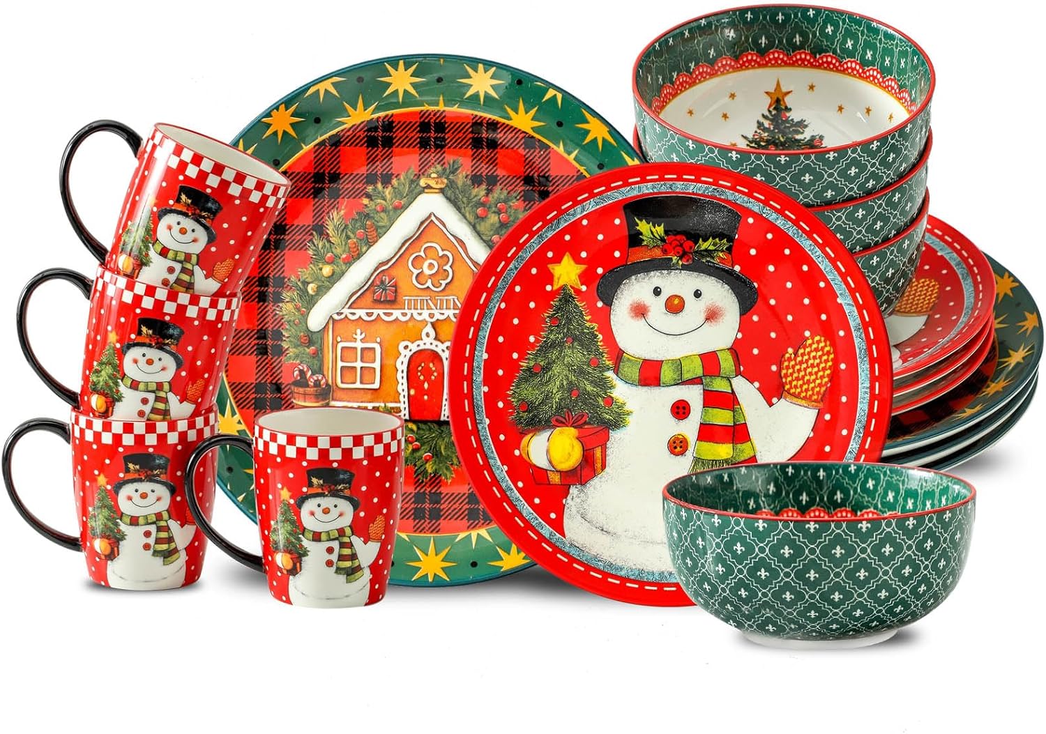 Hasense 16 Pcs Dinnerware Sets, Ceramic Holiday Coffee mugs Plates and Bowls Set for 4, Chip & Scratch Resistant Party Serving Dishes Microwave and Dishwasher Safe,Colorful