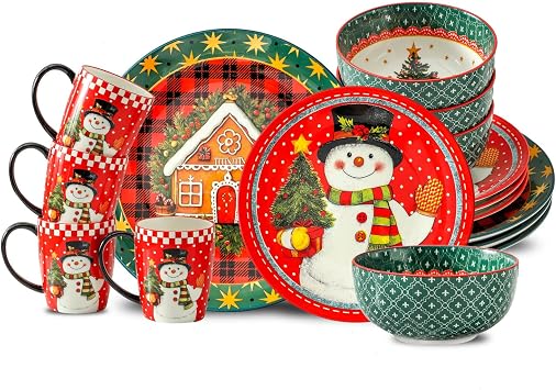 Hasense 16 Pcs Ceramic Dinnerware Sets, Holiday Coffee mugs Plates and Bowls Set for 4, Chip & Scratch Resistant Party Serving Dishes Microwave and Dishwasher Safe, Colorful